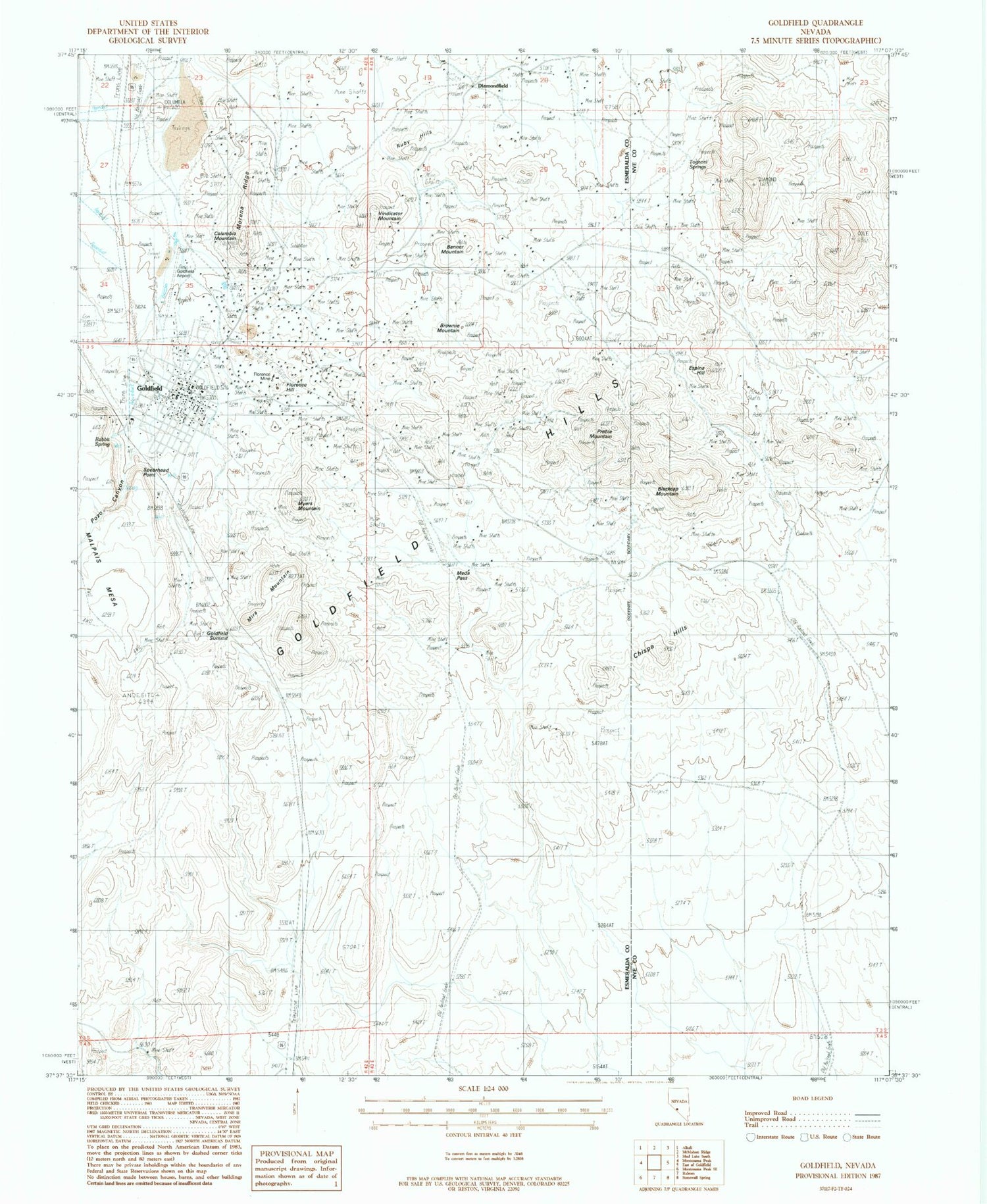 Classic USGS Goldfield Nevada 7.5'x7.5' Topo Map Image