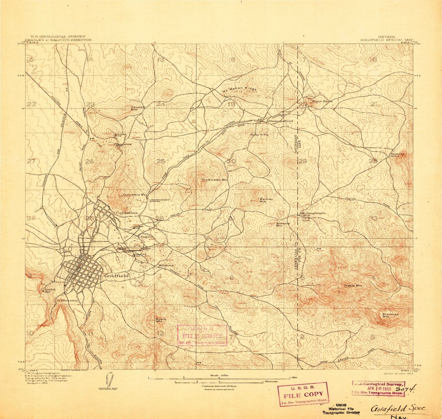 Classic USGS Goldfield Special Nevada 7.5'x7.5' Topo Map Image