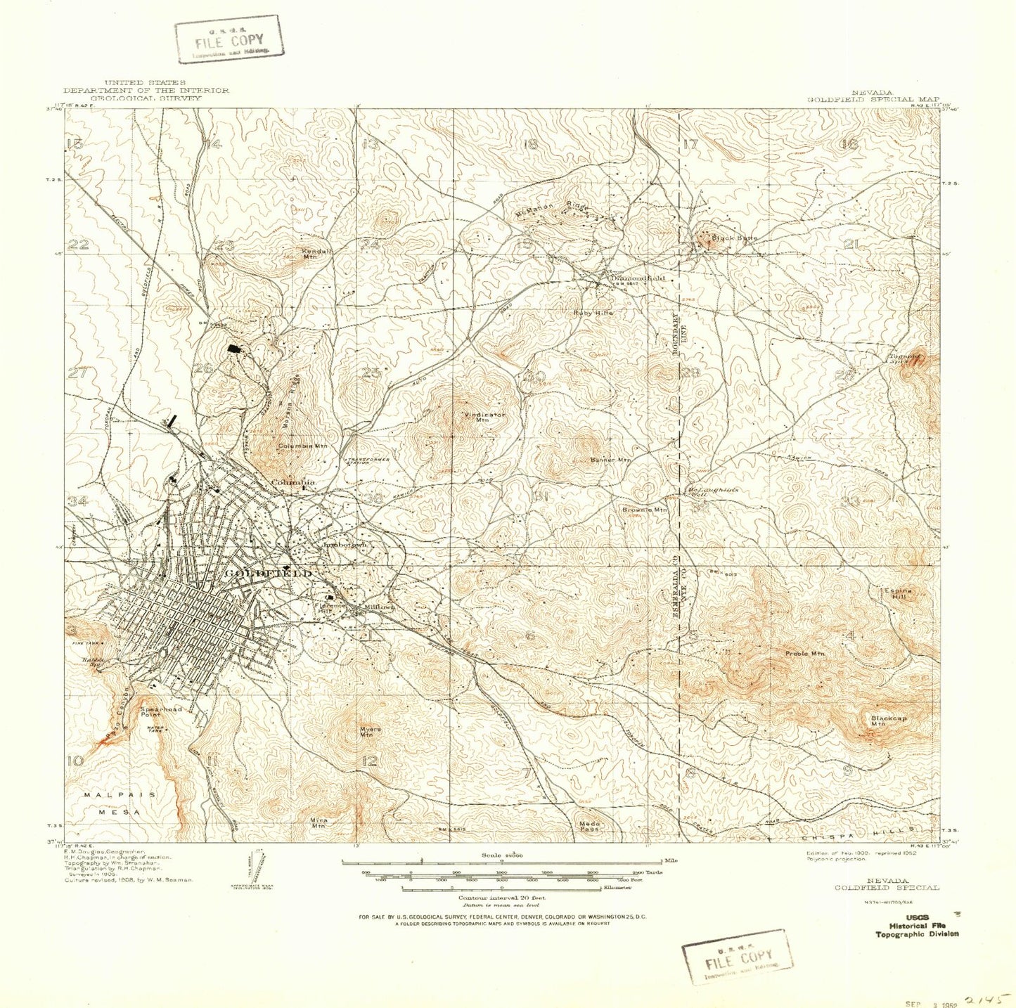 Classic USGS Goldfield Special Nevada 7.5'x7.5' Topo Map Image