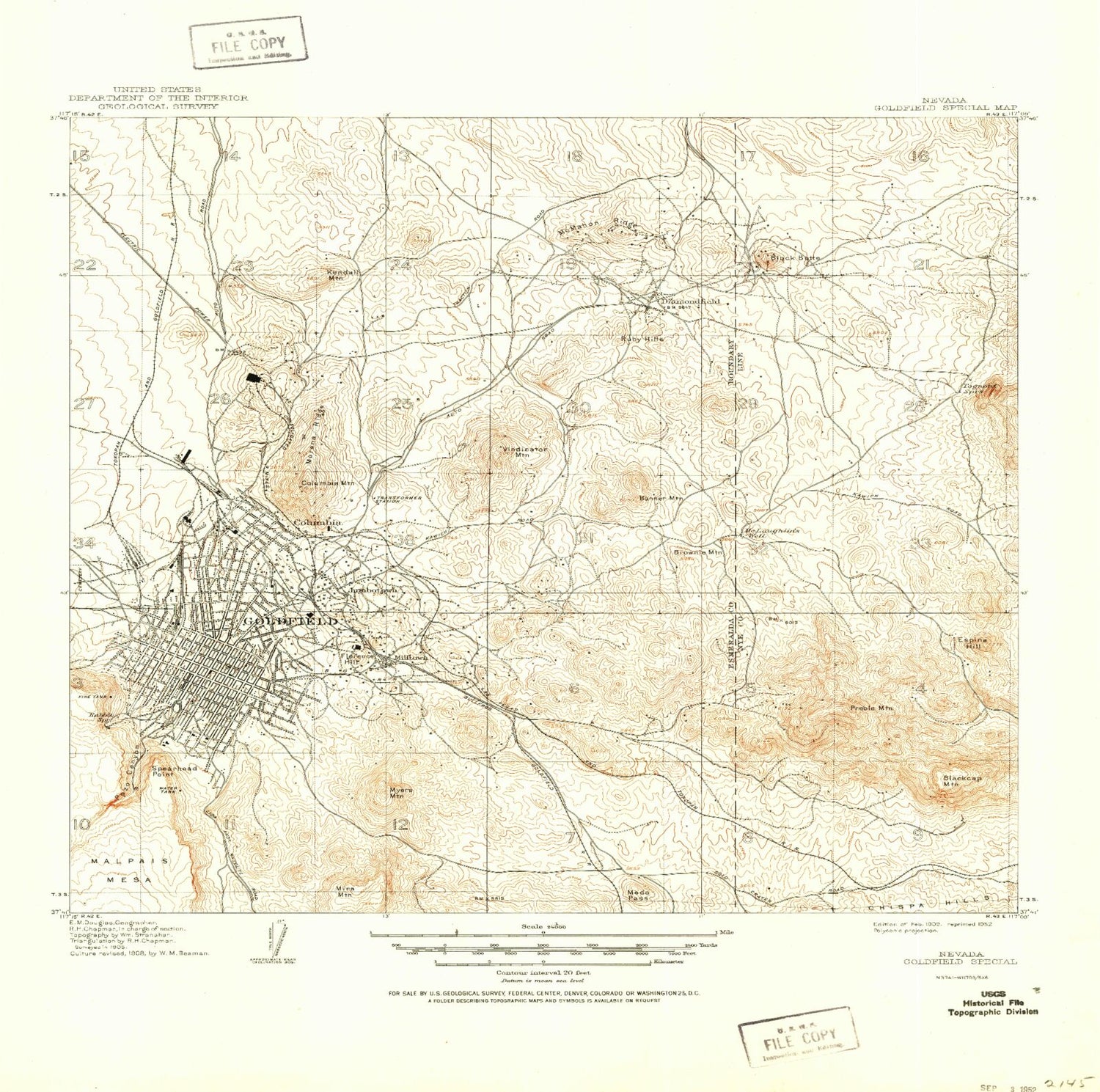 Classic USGS Goldfield Special Nevada 7.5'x7.5' Topo Map Image