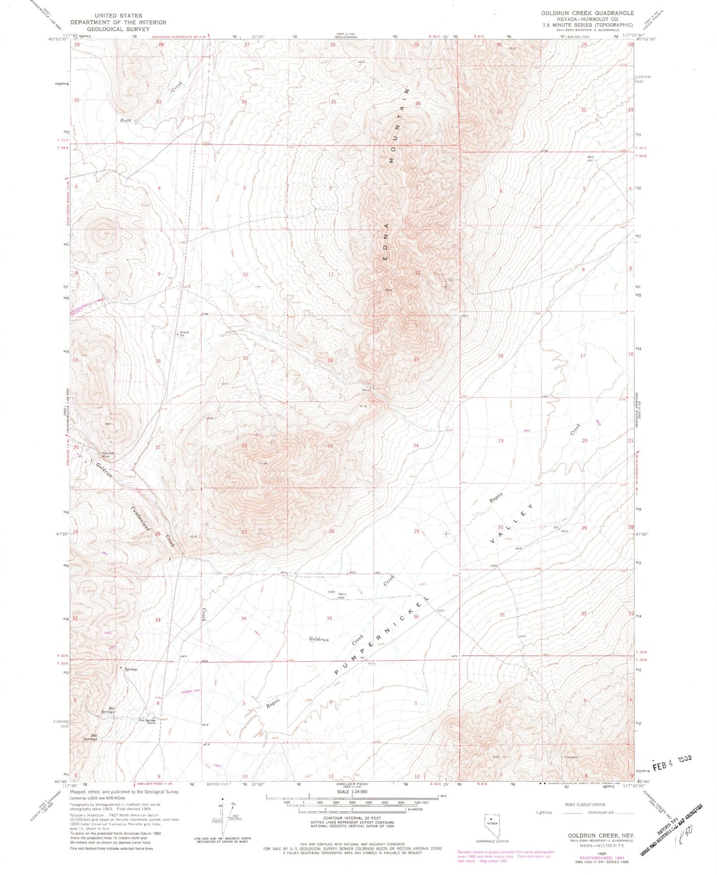 Classic USGS Goldrun Creek Nevada 7.5'x7.5' Topo Map Image