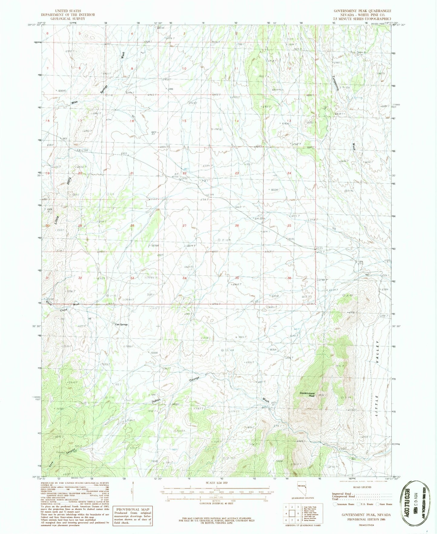 Classic USGS Government Peak Nevada 7.5'x7.5' Topo Map Image