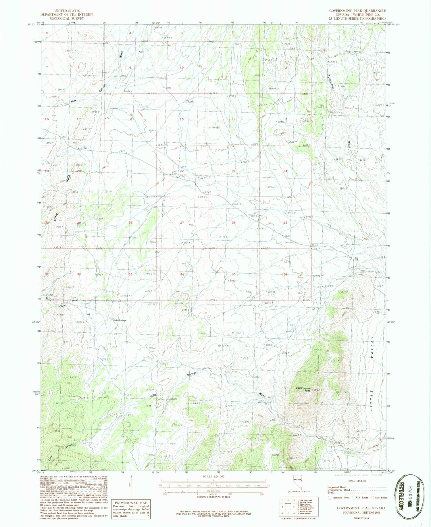 Classic USGS Government Peak Nevada 7.5'x7.5' Topo Map Image