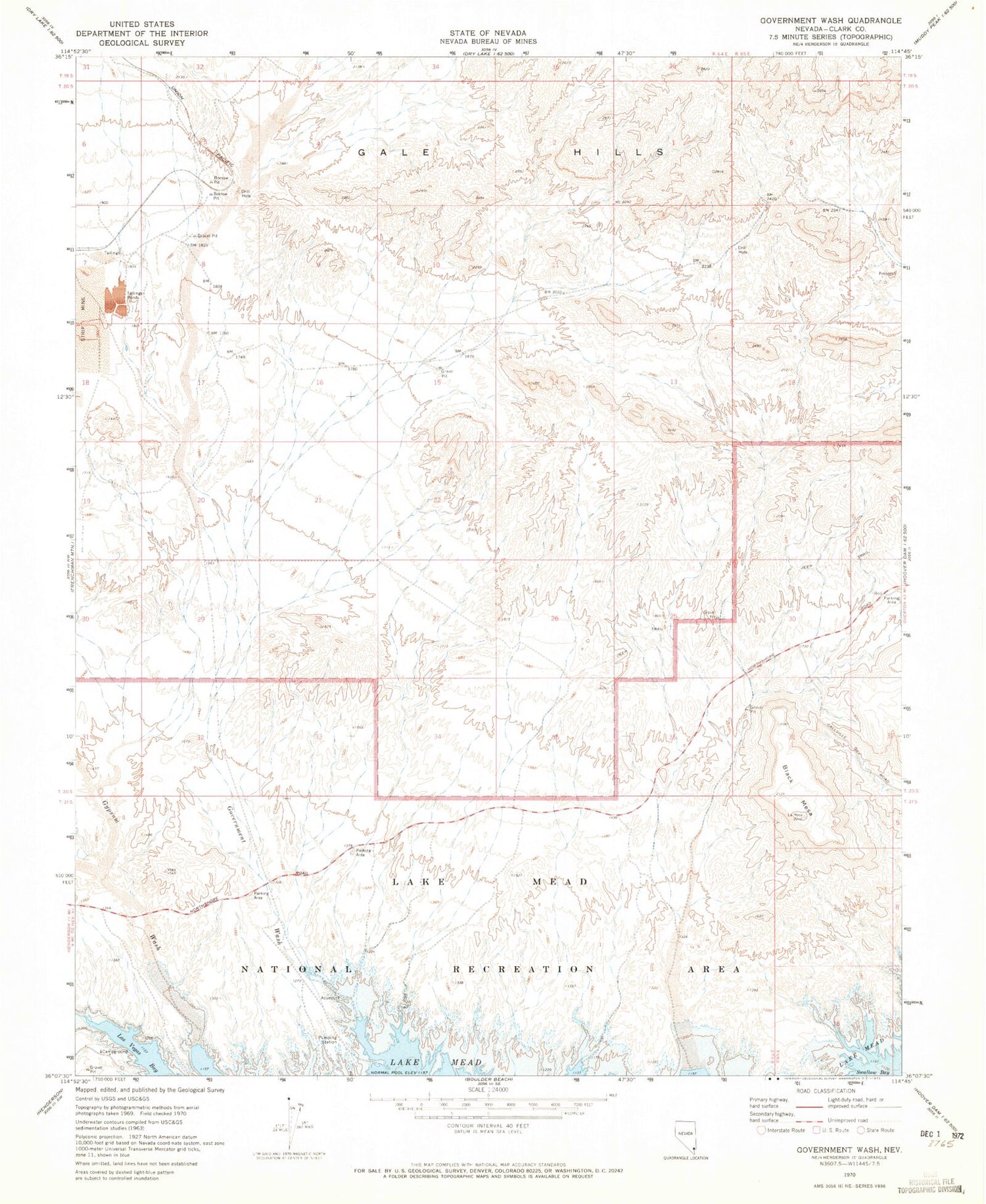 Classic USGS Government Wash Nevada 7.5'x7.5' Topo Map Image