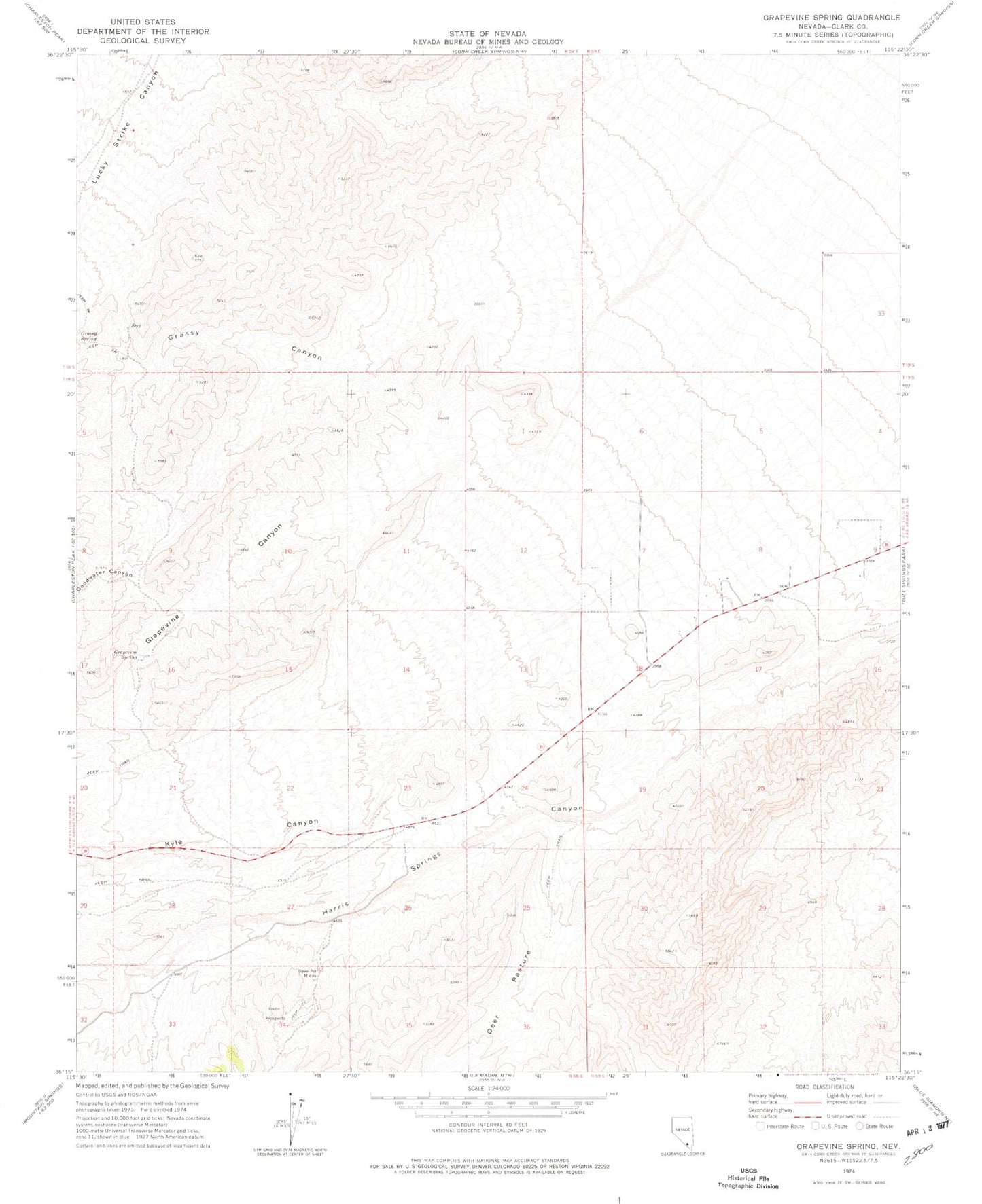 Classic USGS Grapevine Spring Nevada 7.5'x7.5' Topo Map Image