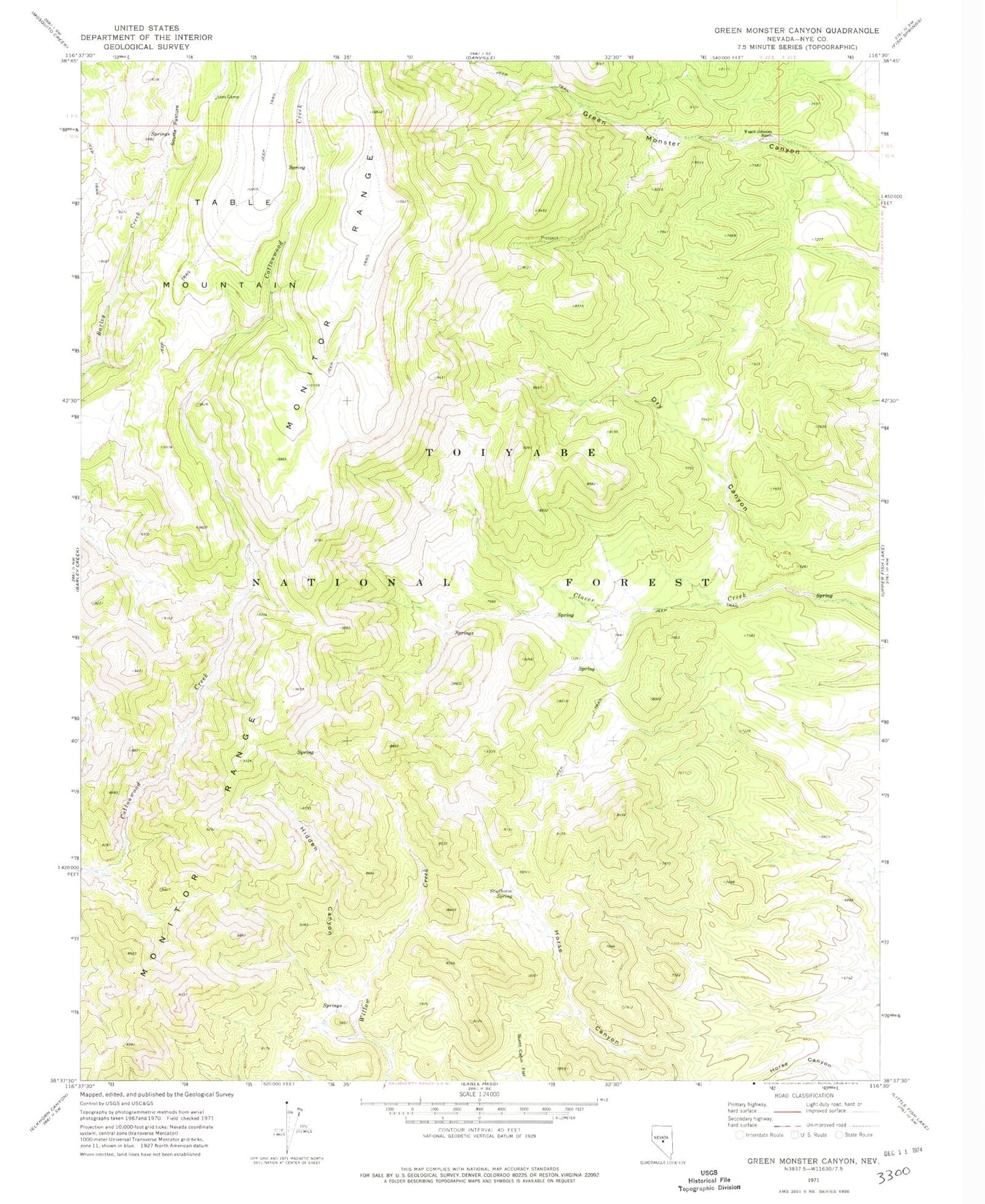 Classic USGS Green Monster Canyon Nevada 7.5'x7.5' Topo Map Image