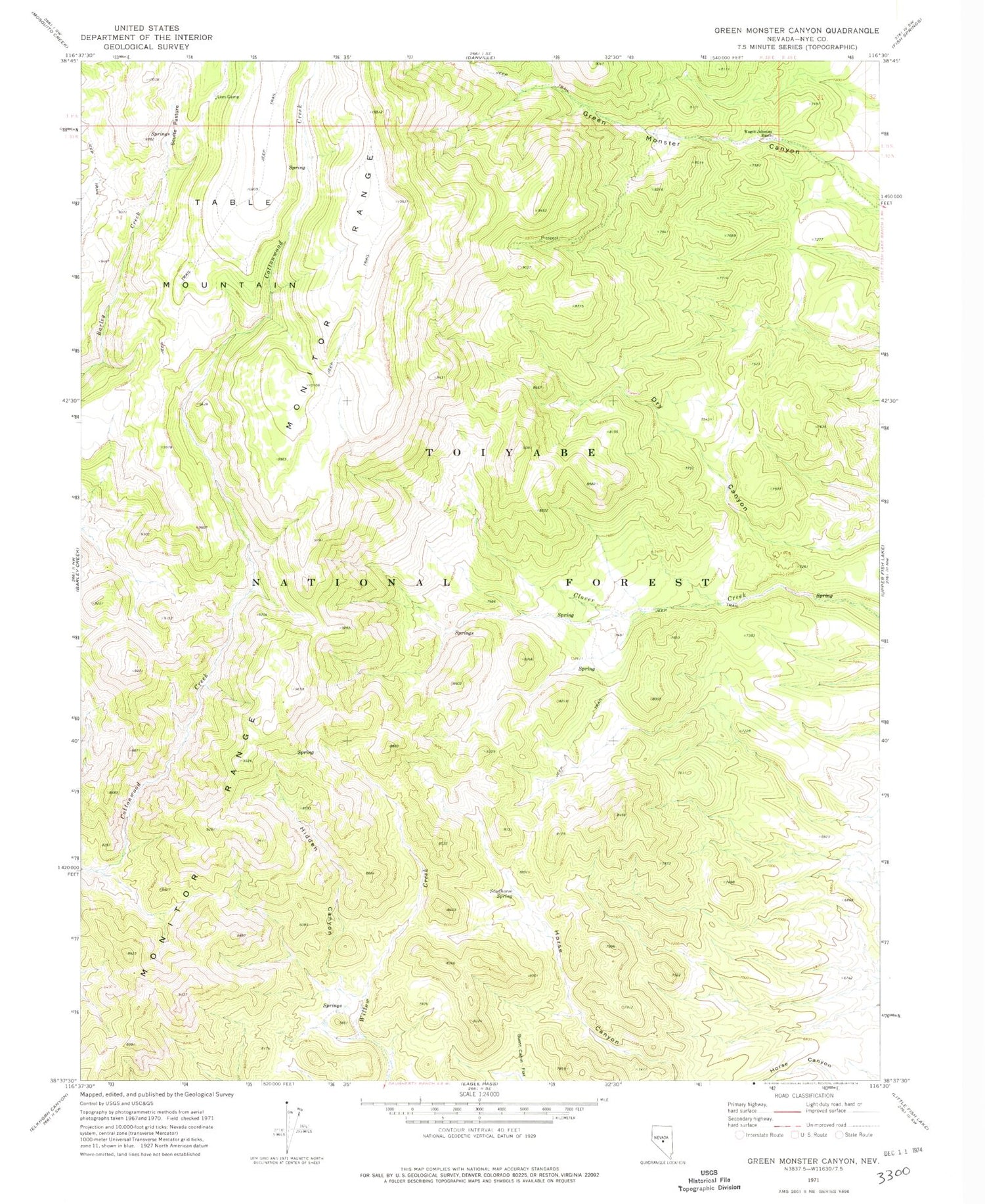 Classic USGS Green Monster Canyon Nevada 7.5'x7.5' Topo Map Image