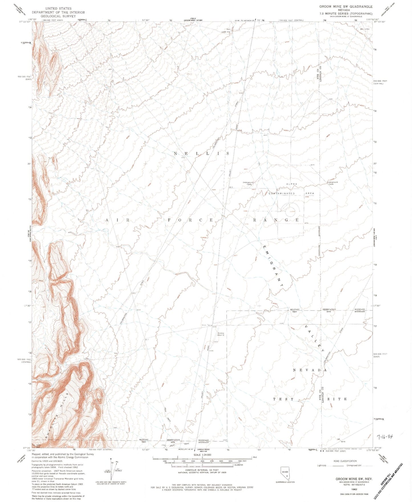 Classic USGS Groom Mine SW Nevada 7.5'x7.5' Topo Map Image