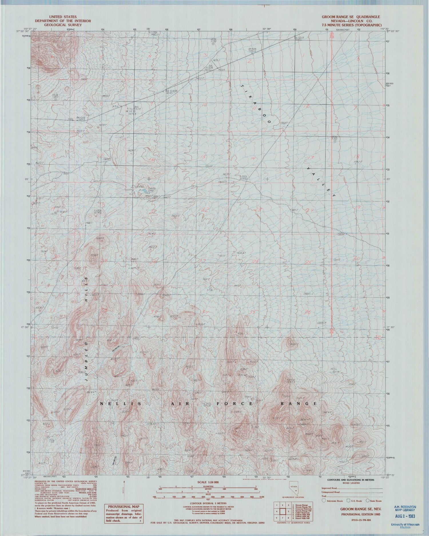 Classic USGS Groom Range SE Nevada 7.5'x7.5' Topo Map Image