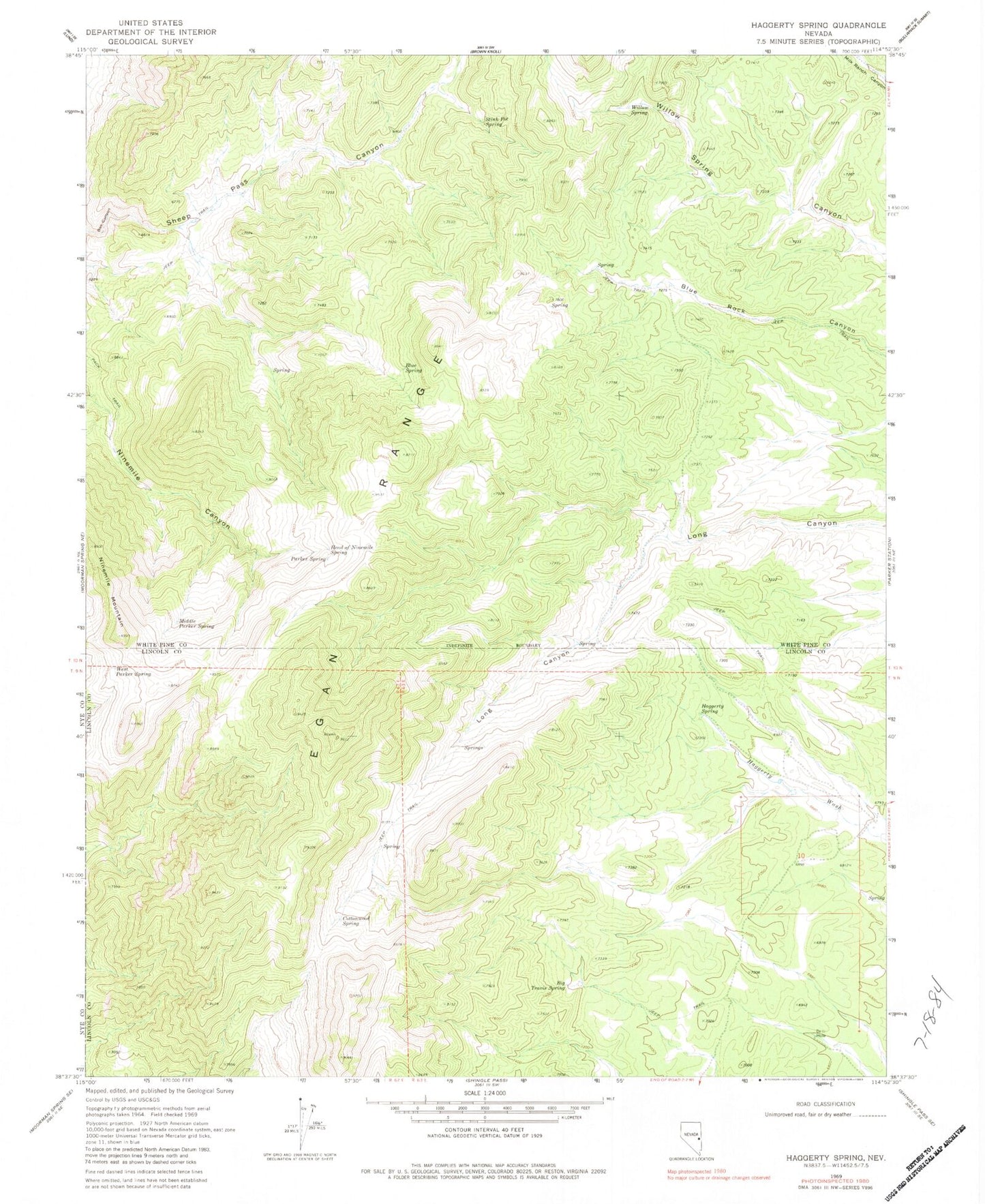 Classic USGS Haggerty Spring Nevada 7.5'x7.5' Topo Map Image