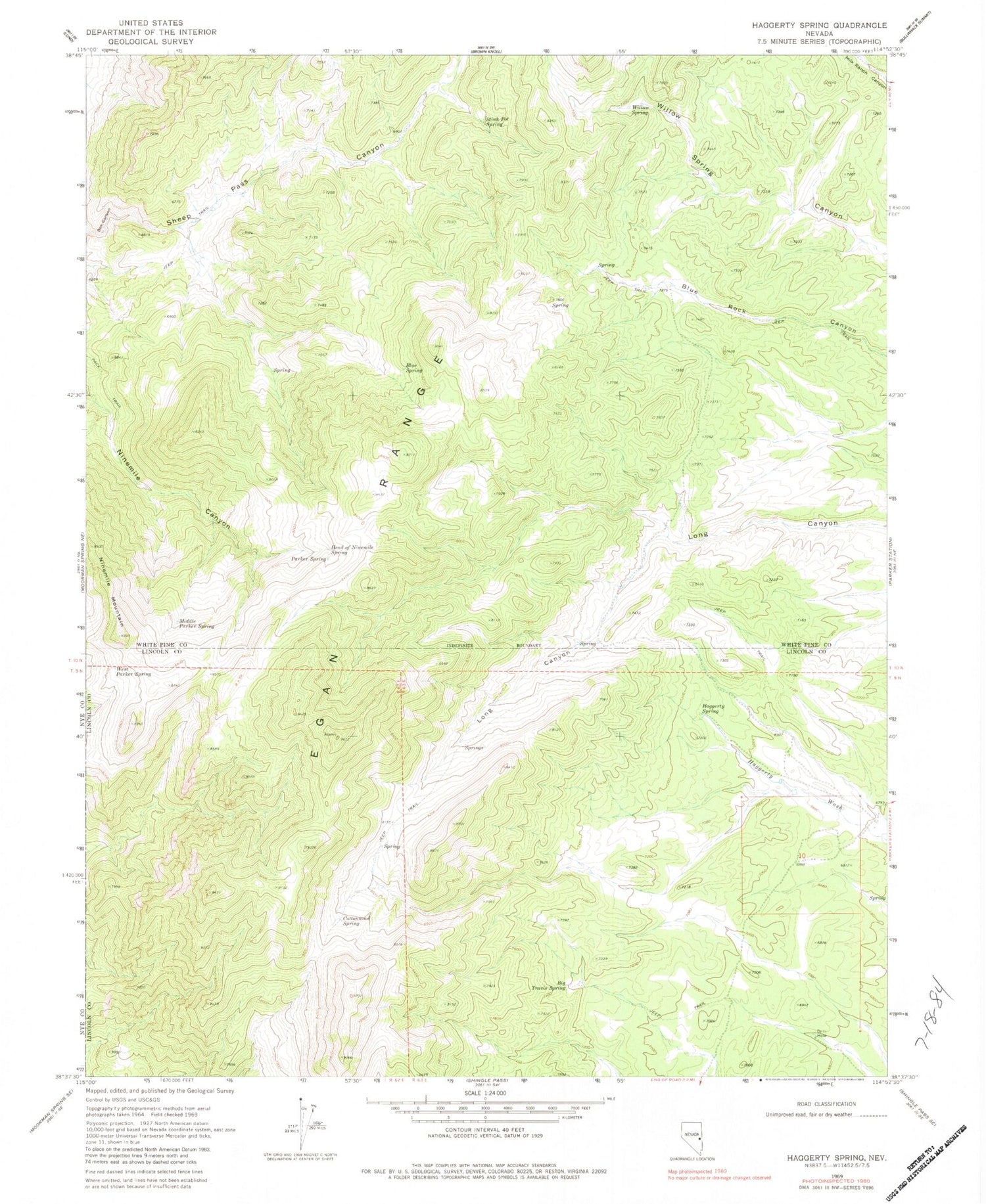 Classic USGS Haggerty Spring Nevada 7.5'x7.5' Topo Map Image