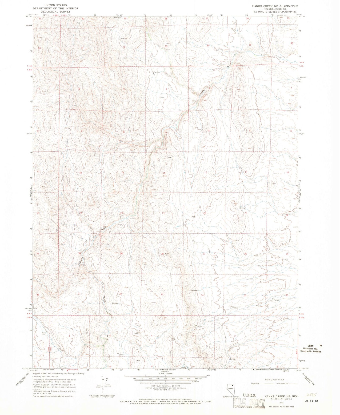 Classic USGS Hanks Creek NE Nevada 7.5'x7.5' Topo Map Image