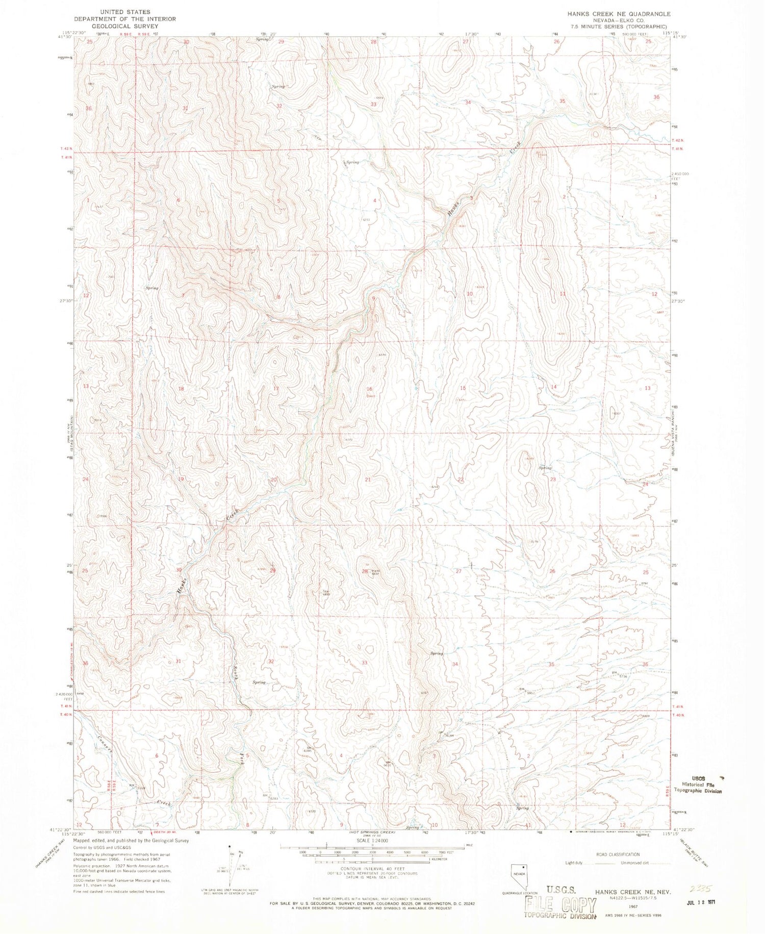 Classic USGS Hanks Creek NE Nevada 7.5'x7.5' Topo Map Image