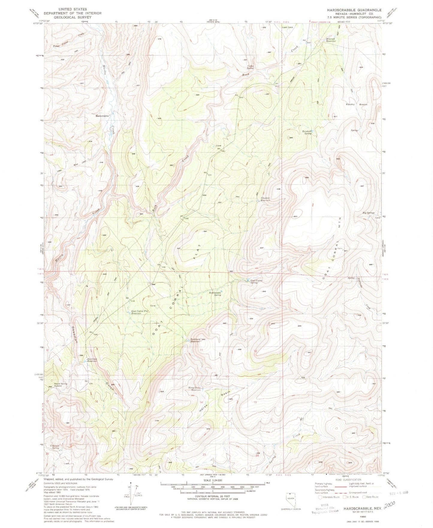 Classic USGS Hardscrabble Nevada 7.5'x7.5' Topo Map Image