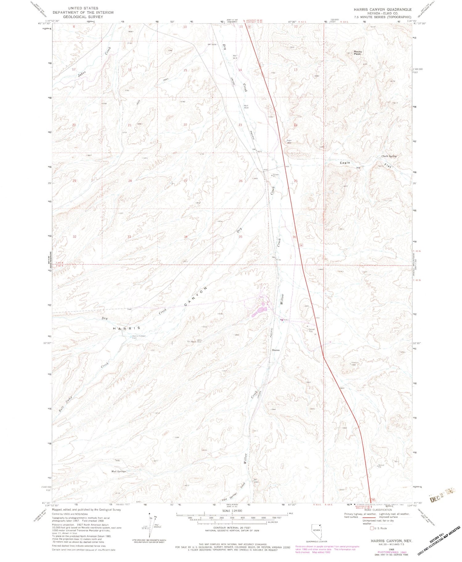Classic USGS Harris Canyon Nevada 7.5'x7.5' Topo Map Image