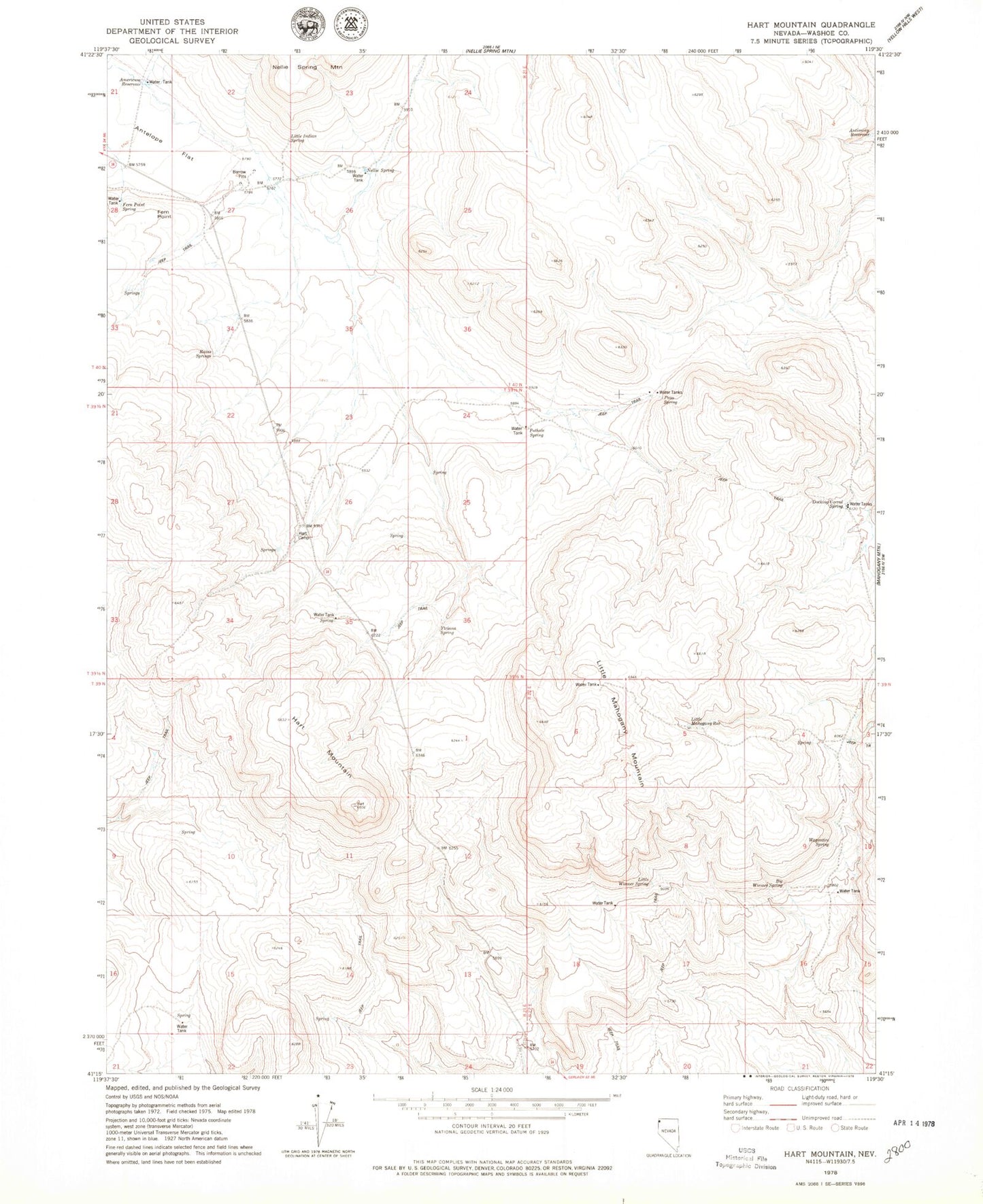 Classic USGS Hart Mountain Nevada 7.5'x7.5' Topo Map Image
