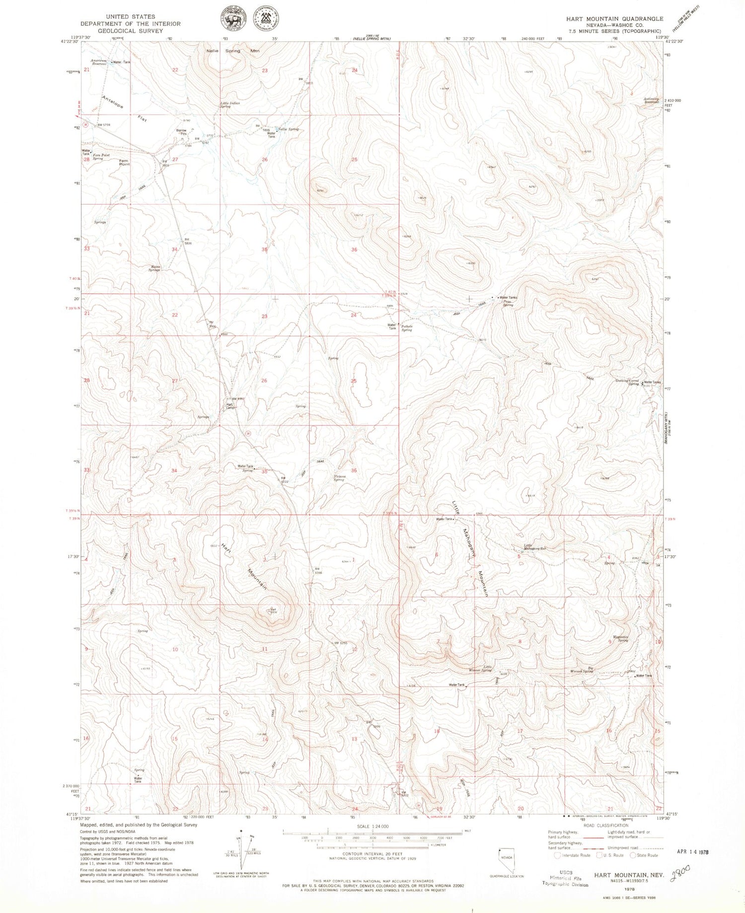 Classic USGS Hart Mountain Nevada 7.5'x7.5' Topo Map Image