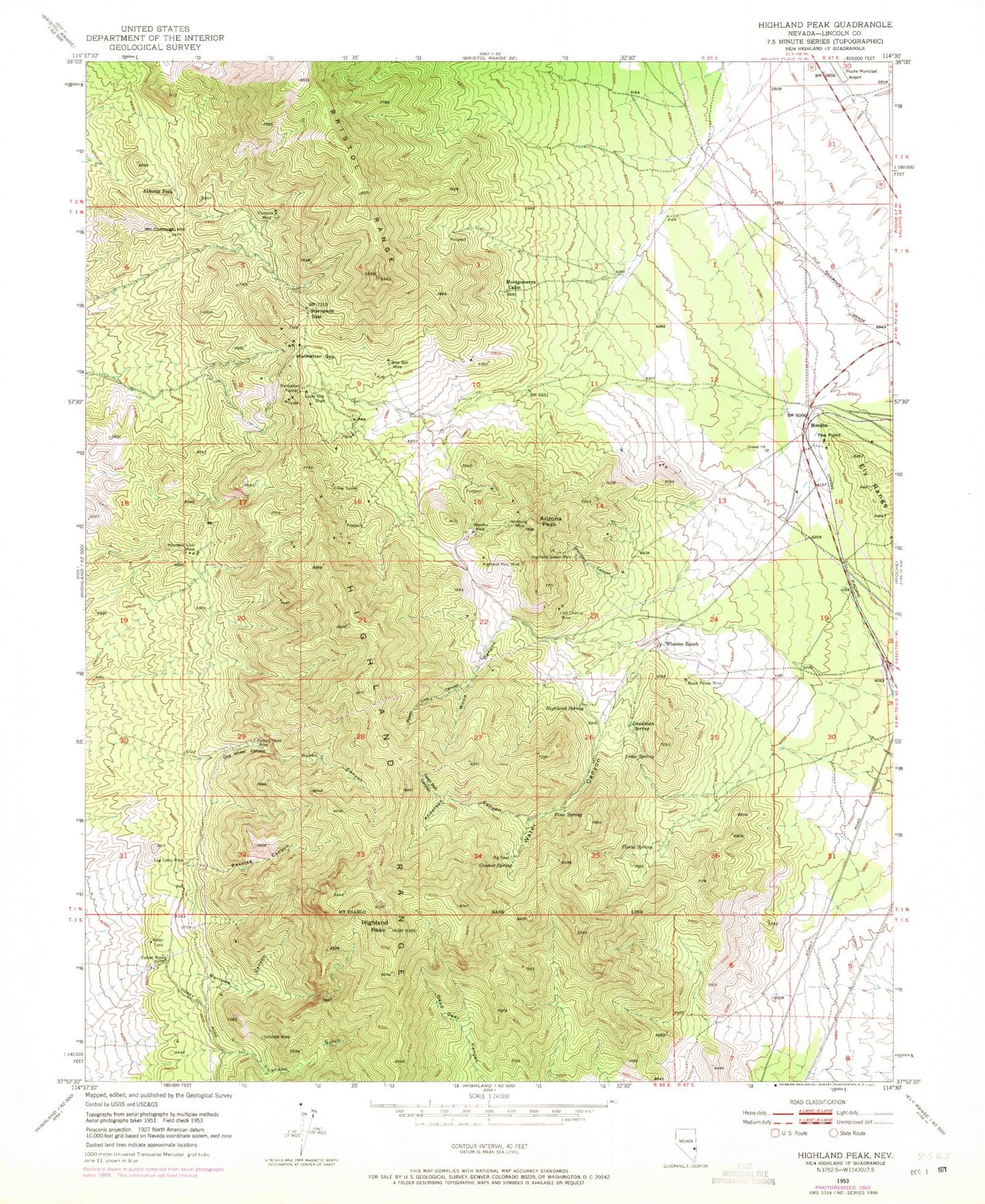 Classic USGS Highland Peak Nevada 7.5'x7.5' Topo Map Image