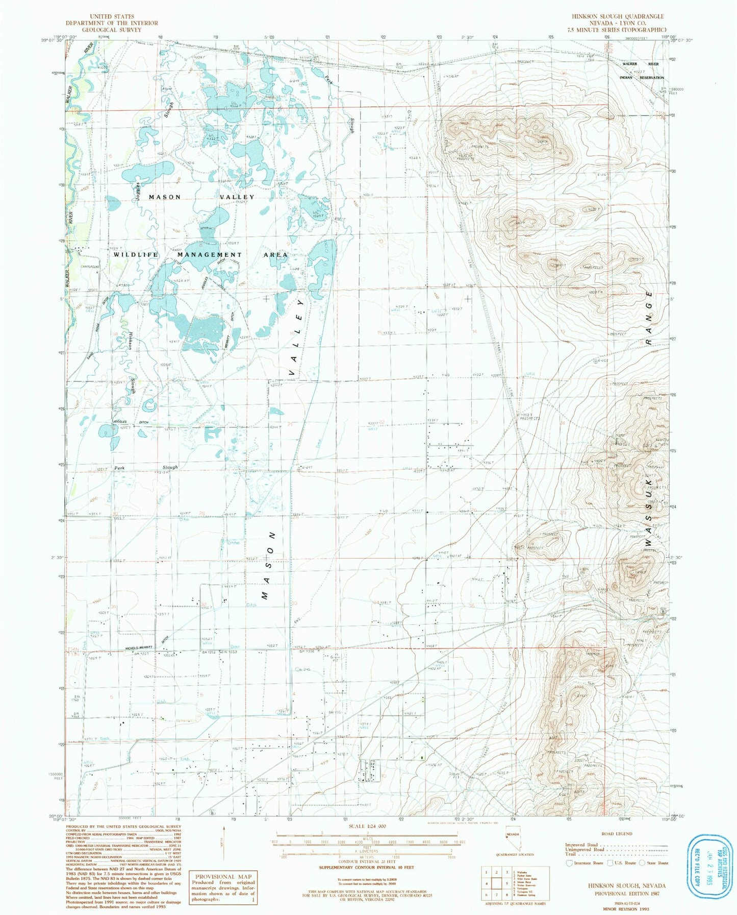 Classic USGS Hinkson Slough Nevada 7.5'x7.5' Topo Map Image