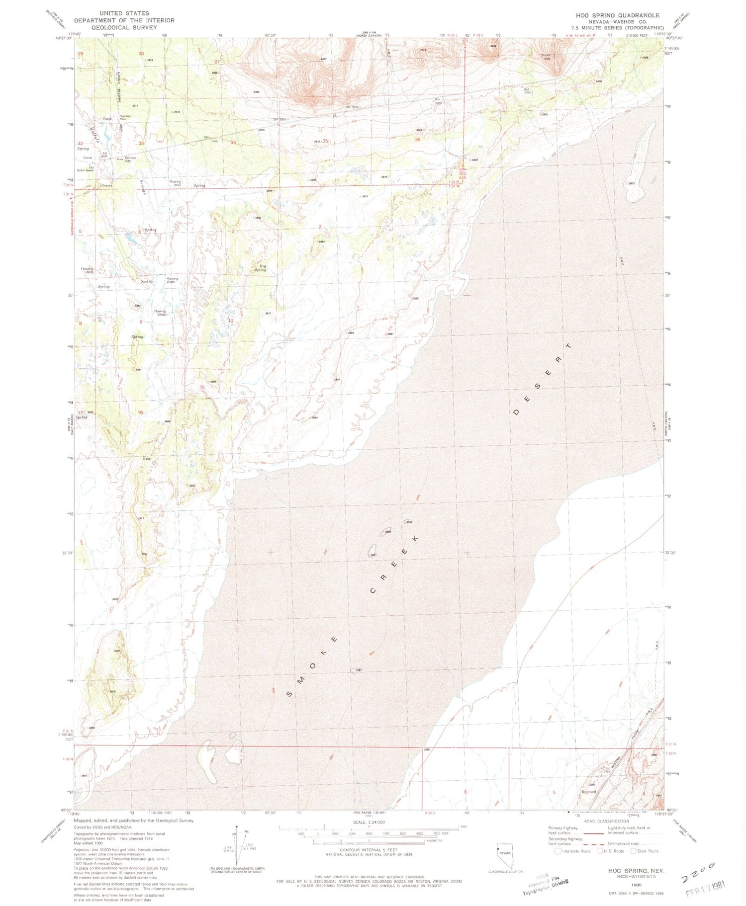 Classic USGS Hog Spring Nevada 7.5'x7.5' Topo Map Image