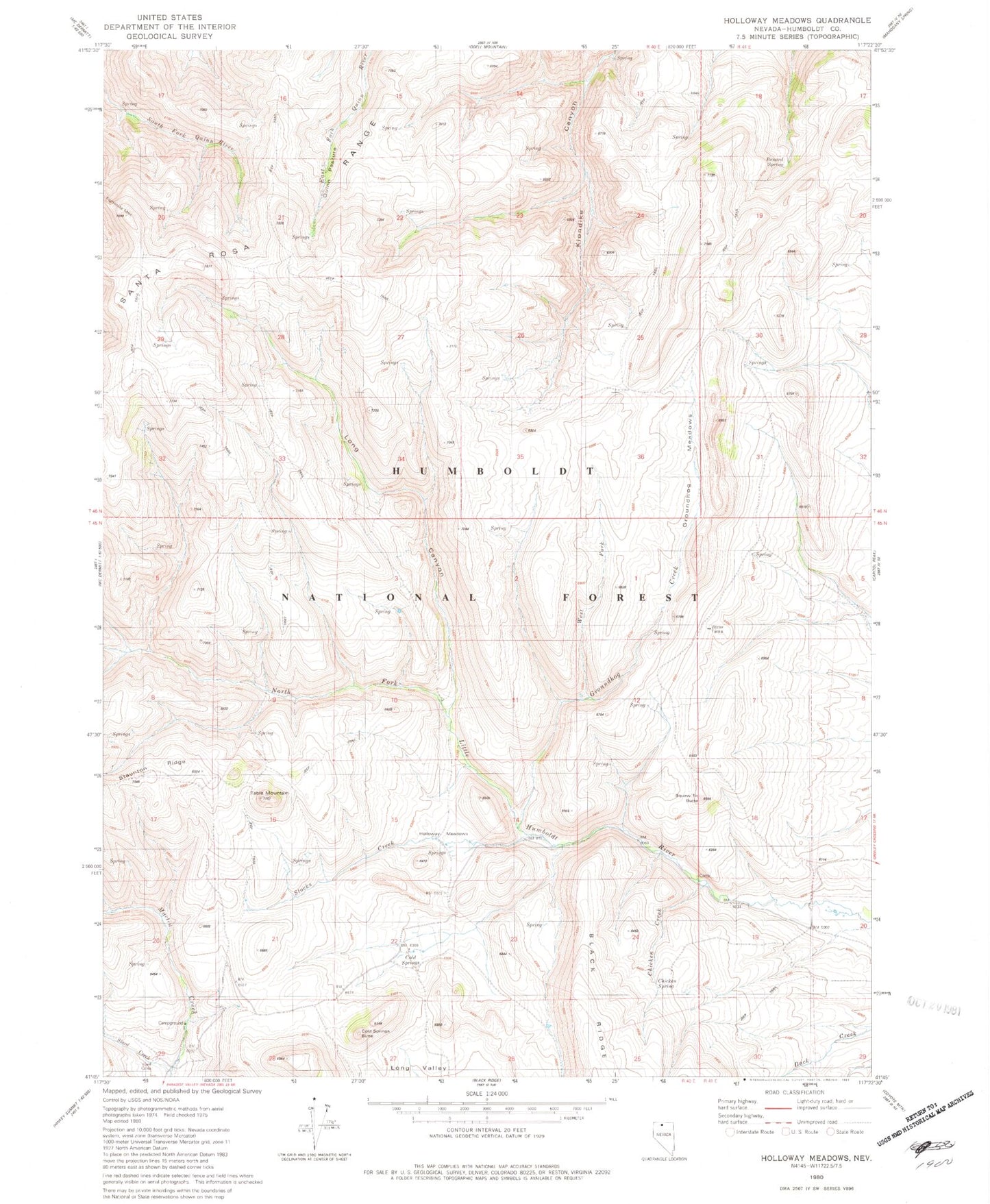Classic USGS Holloway Meadows Nevada 7.5'x7.5' Topo Map Image