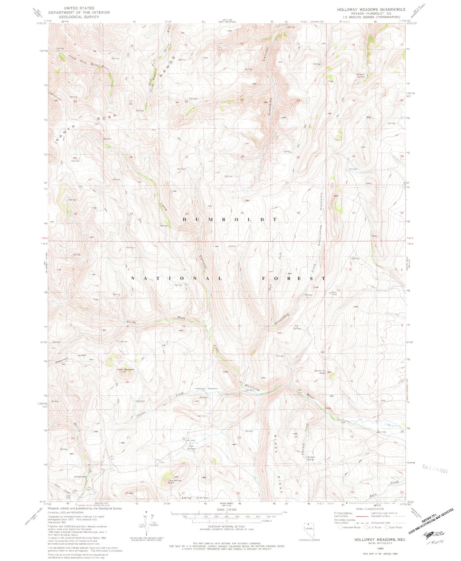Classic USGS Holloway Meadows Nevada 7.5'x7.5' Topo Map Image
