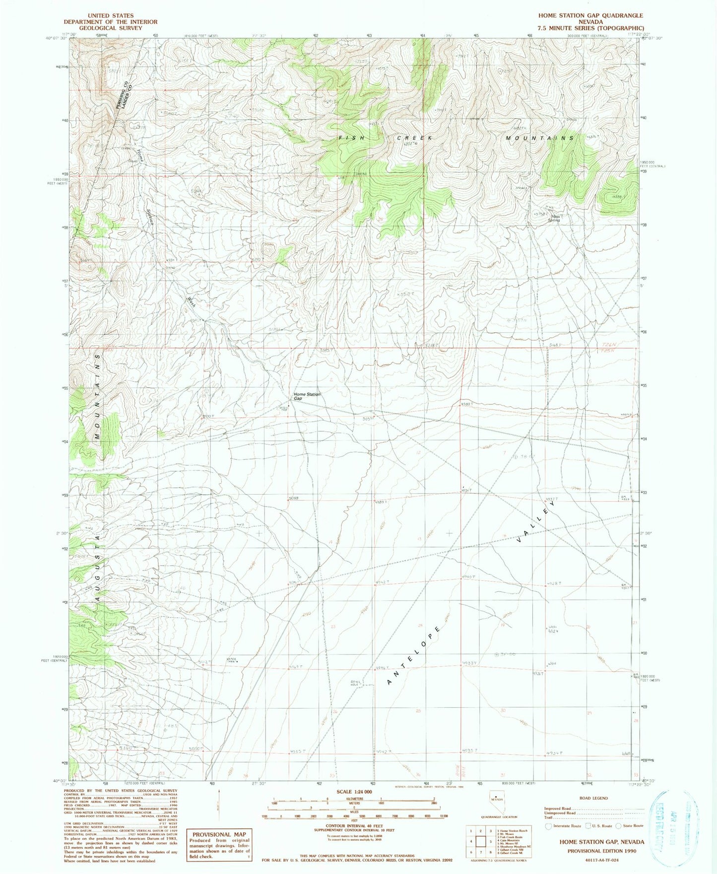 Classic USGS Home Station Gap Nevada 7.5'x7.5' Topo Map Image