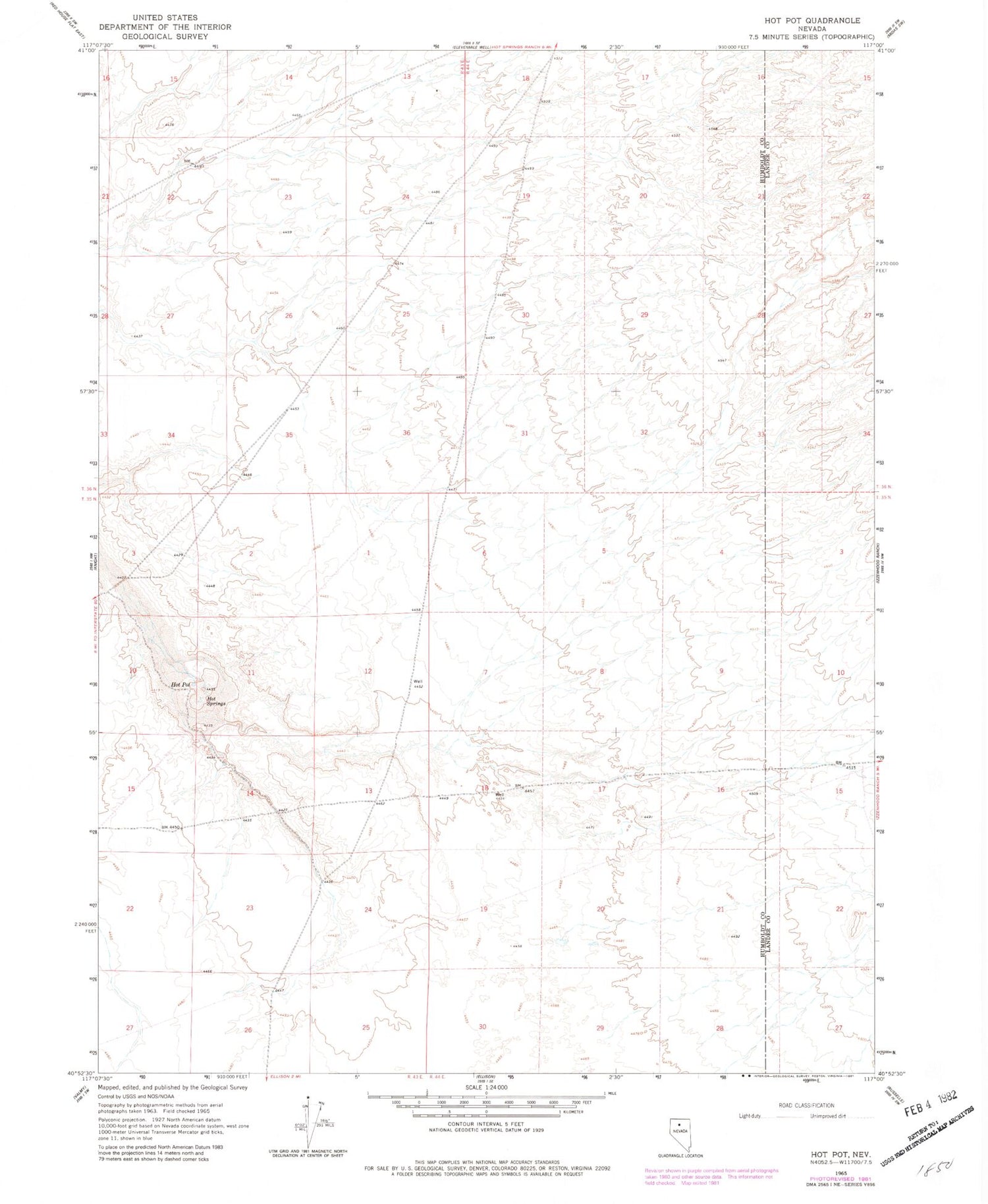 Classic USGS Hot Pot Nevada 7.5'x7.5' Topo Map Image