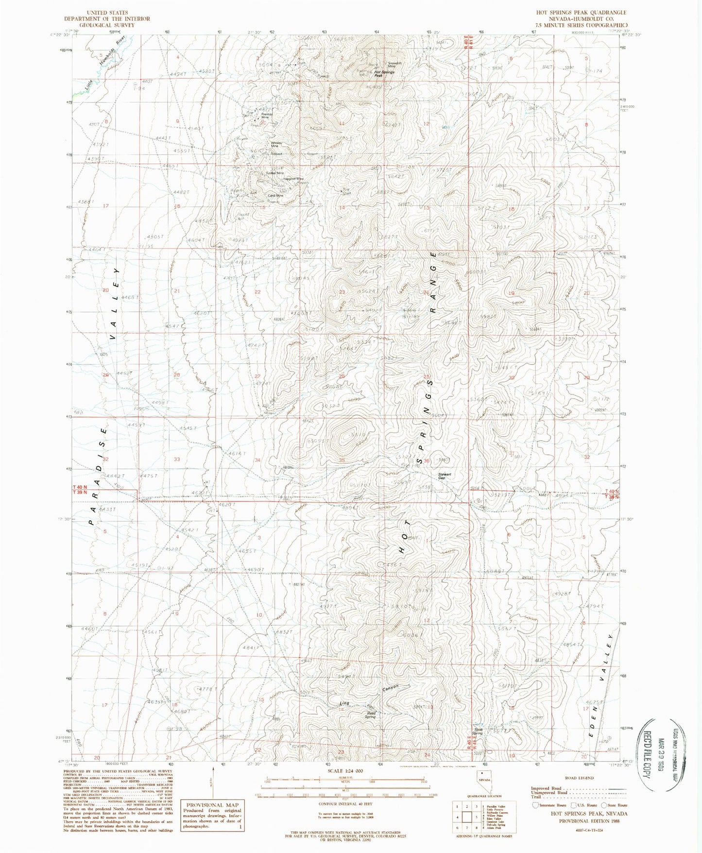 Classic USGS Hot Springs Peak Nevada 7.5'x7.5' Topo Map Image