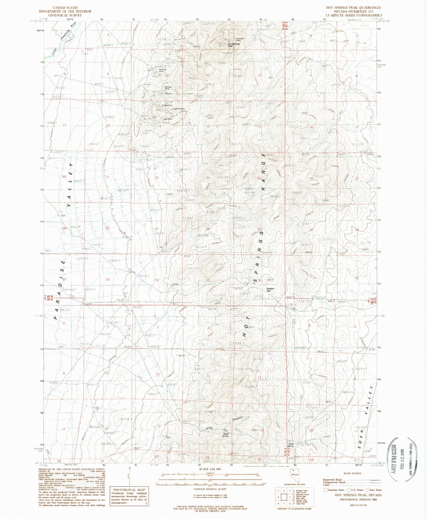 Classic USGS Hot Springs Peak Nevada 7.5'x7.5' Topo Map Image