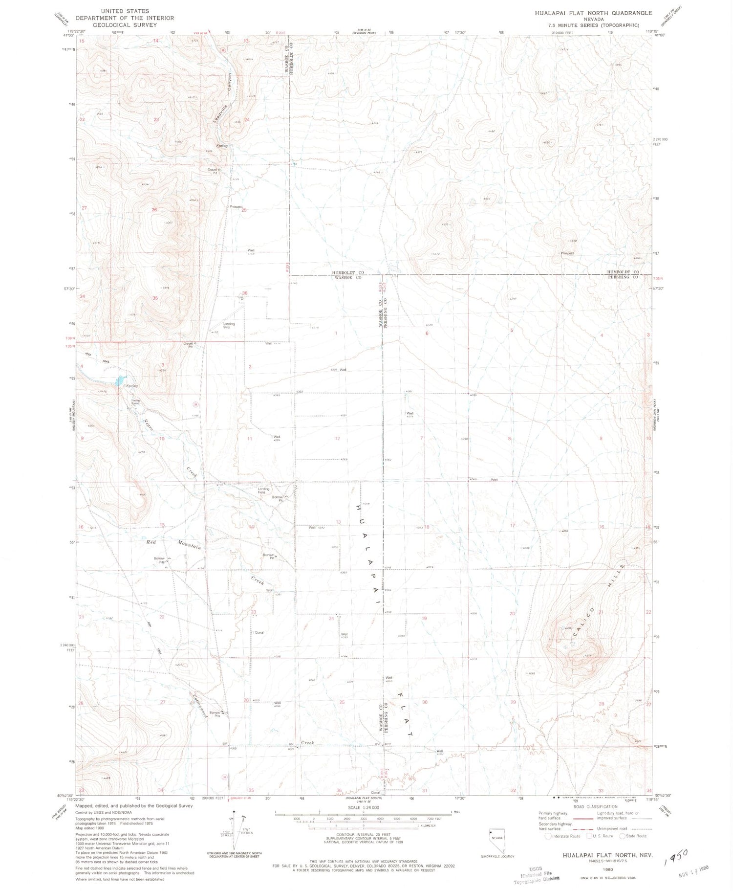 Classic USGS Hualapai Flat North Nevada 7.5'x7.5' Topo Map Image