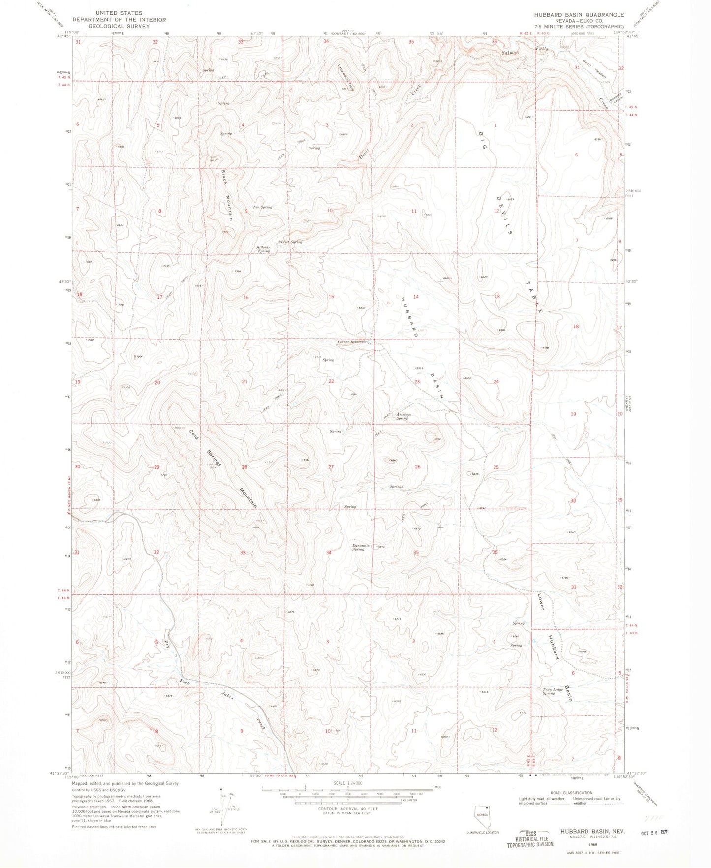 Classic USGS Hubbard Basin Nevada 7.5'x7.5' Topo Map Image