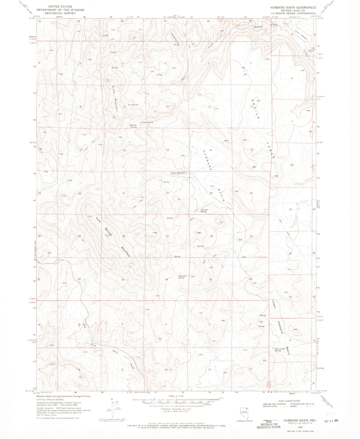 Classic USGS Hubbard Basin Nevada 7.5'x7.5' Topo Map Image