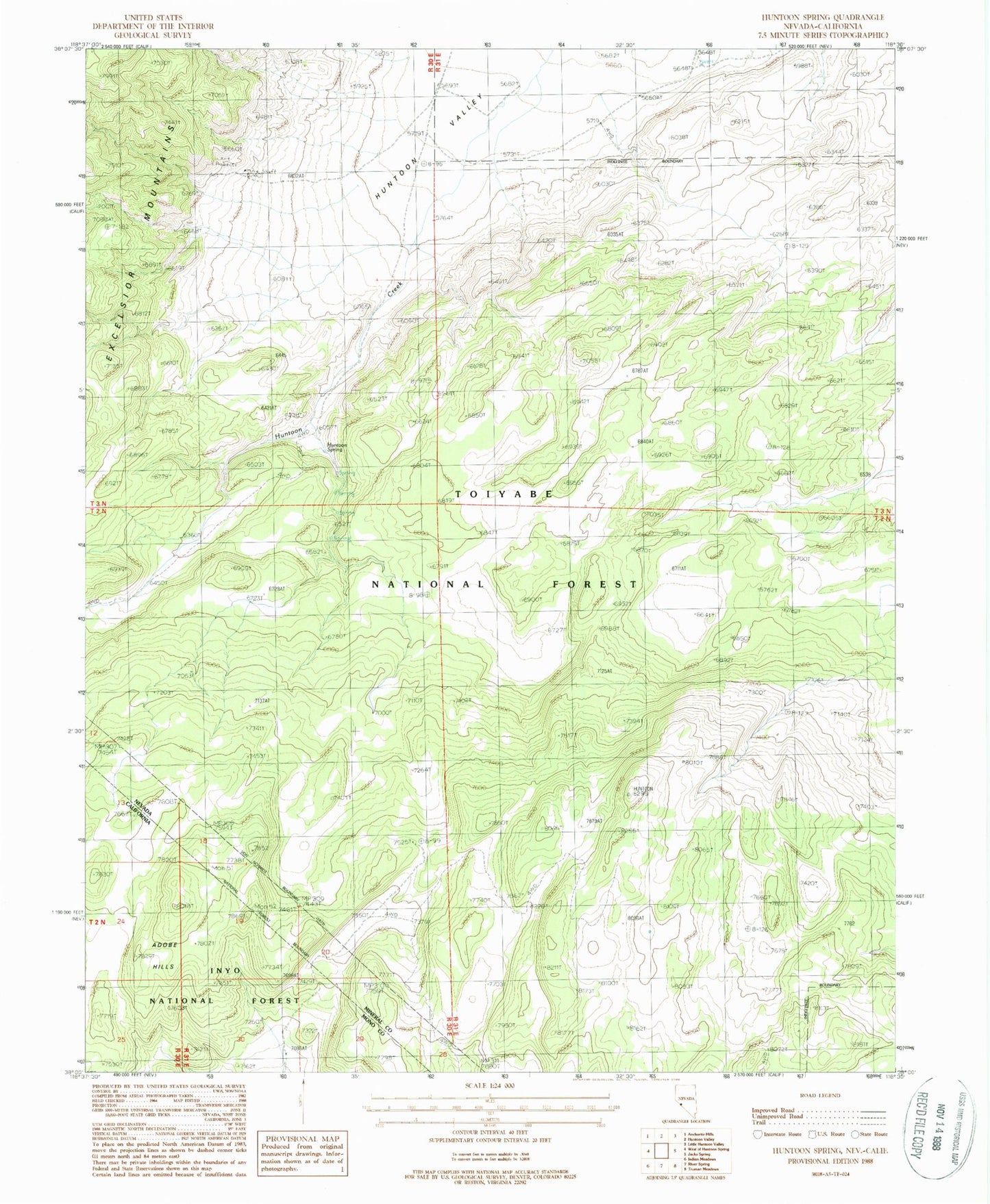 Classic USGS Huntoon Spring Nevada 7.5'x7.5' Topo Map Image