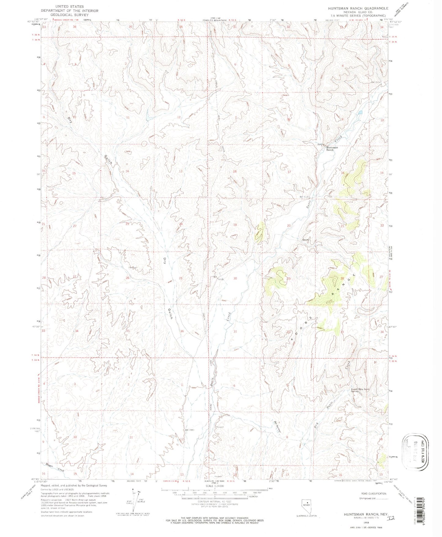 Classic USGS Huntsman Ranch Nevada 7.5'x7.5' Topo Map Image