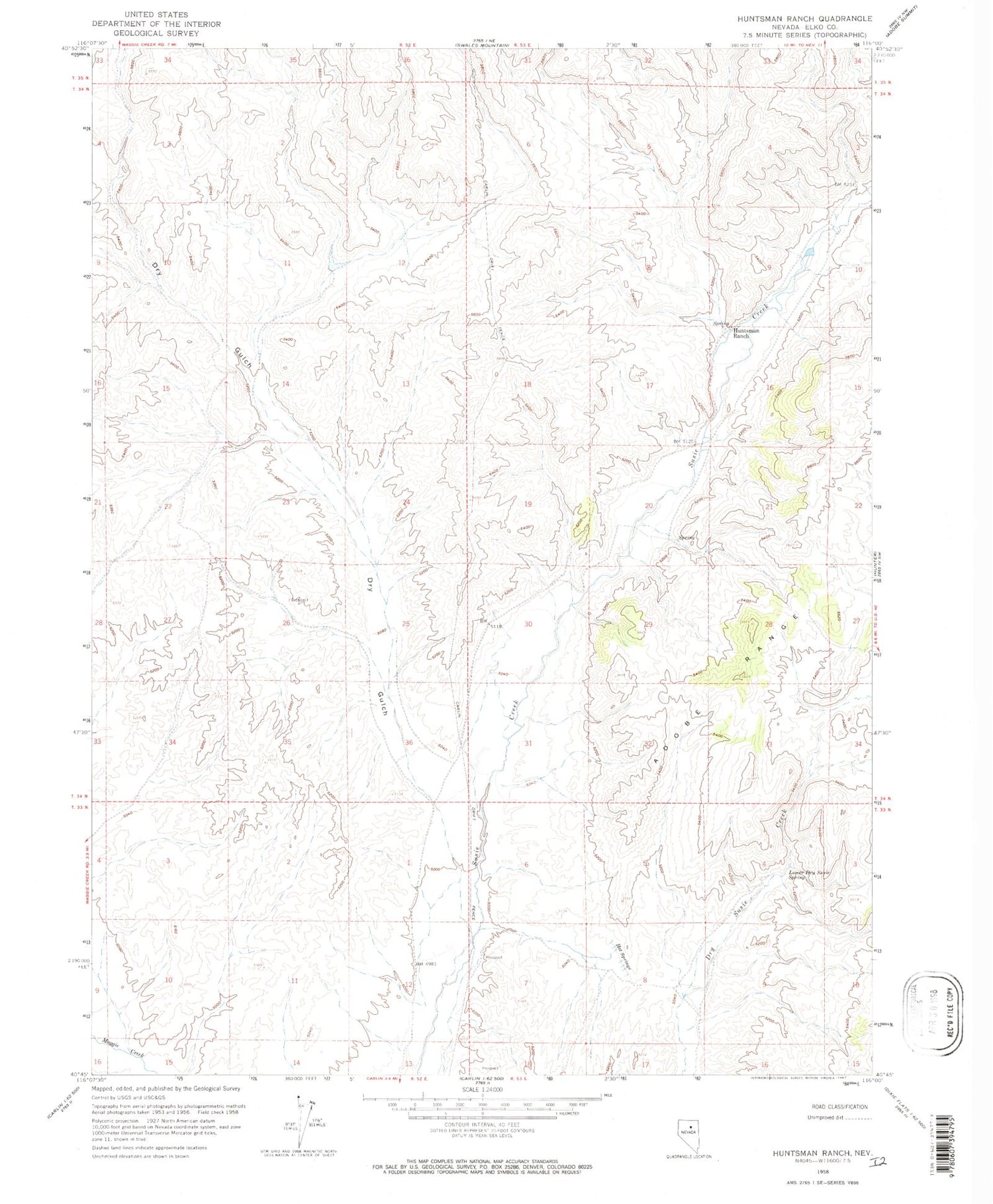 Classic USGS Huntsman Ranch Nevada 7.5'x7.5' Topo Map Image