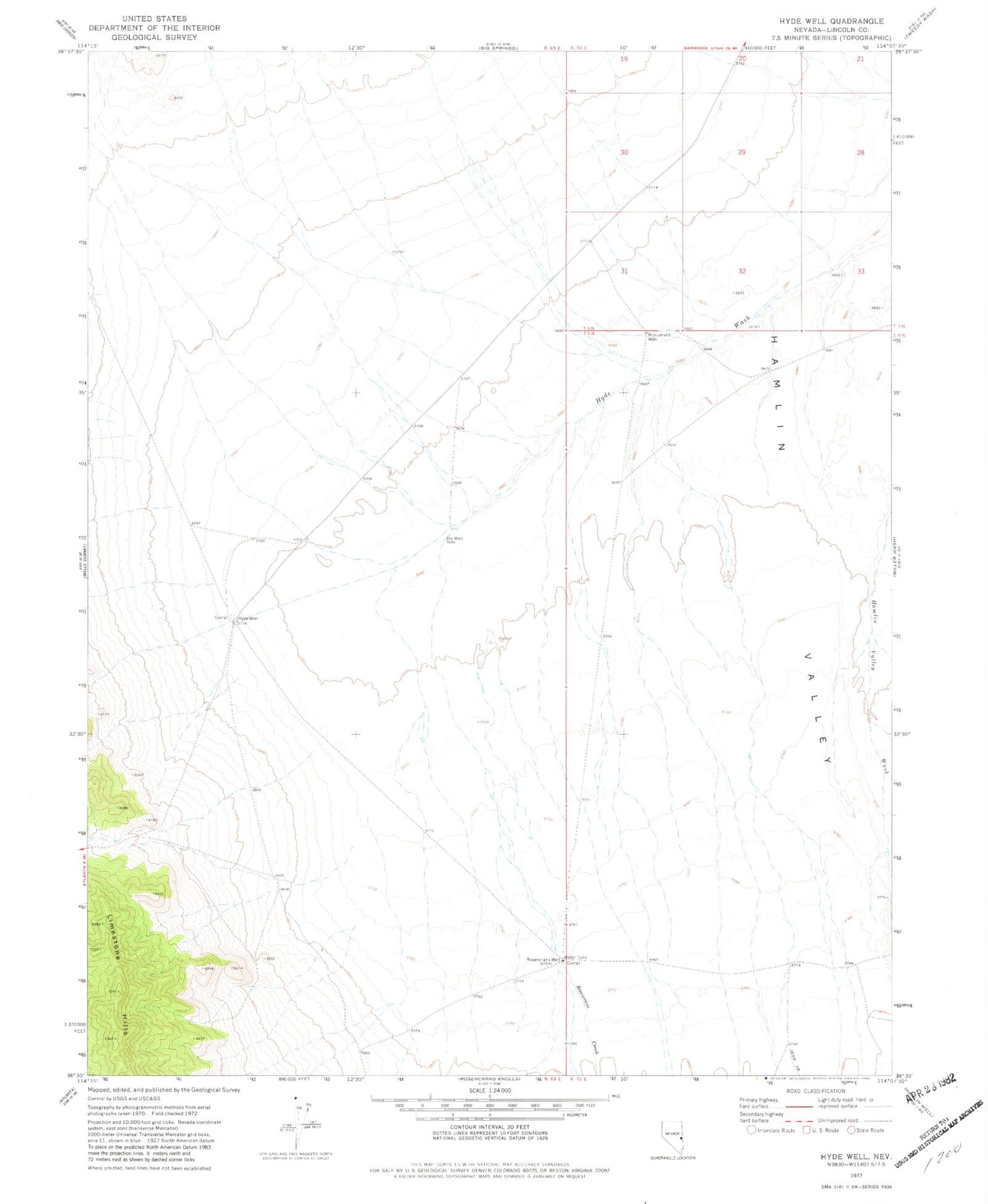 Classic USGS Hyde Well Nevada 7.5'x7.5' Topo Map Image