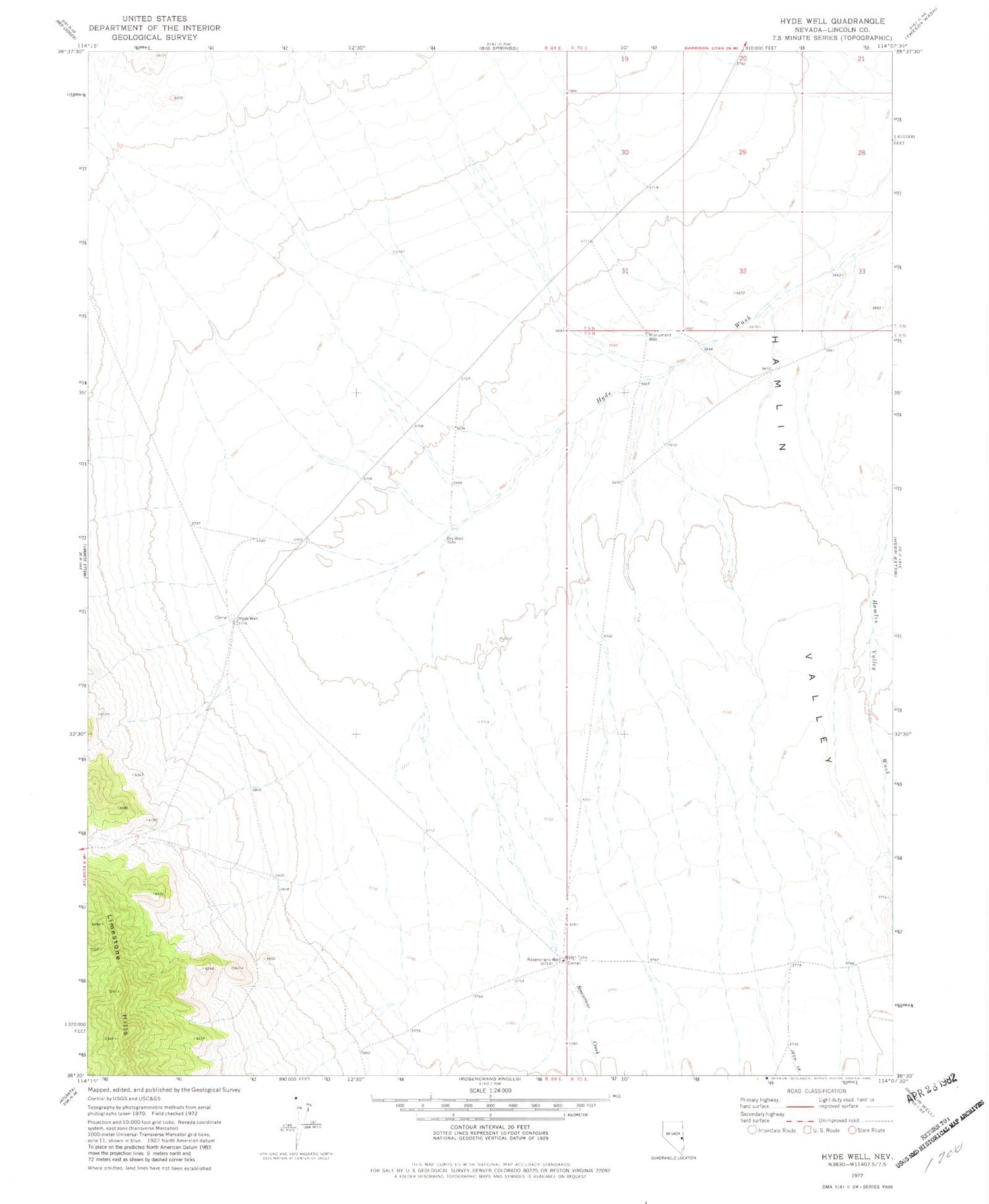 Classic USGS Hyde Well Nevada 7.5'x7.5' Topo Map Image