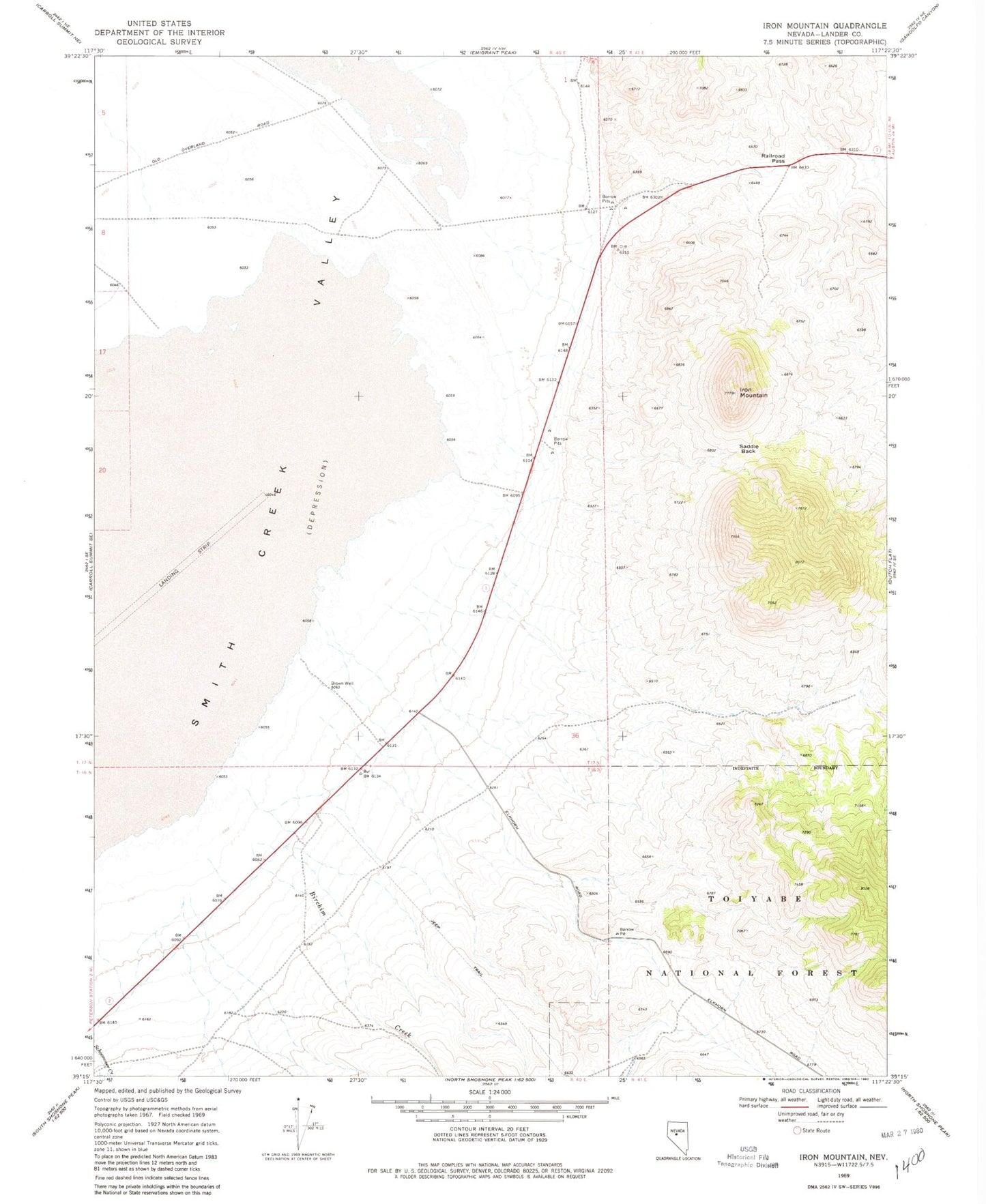 Classic USGS Iron Mountain Nevada 7.5'x7.5' Topo Map Image