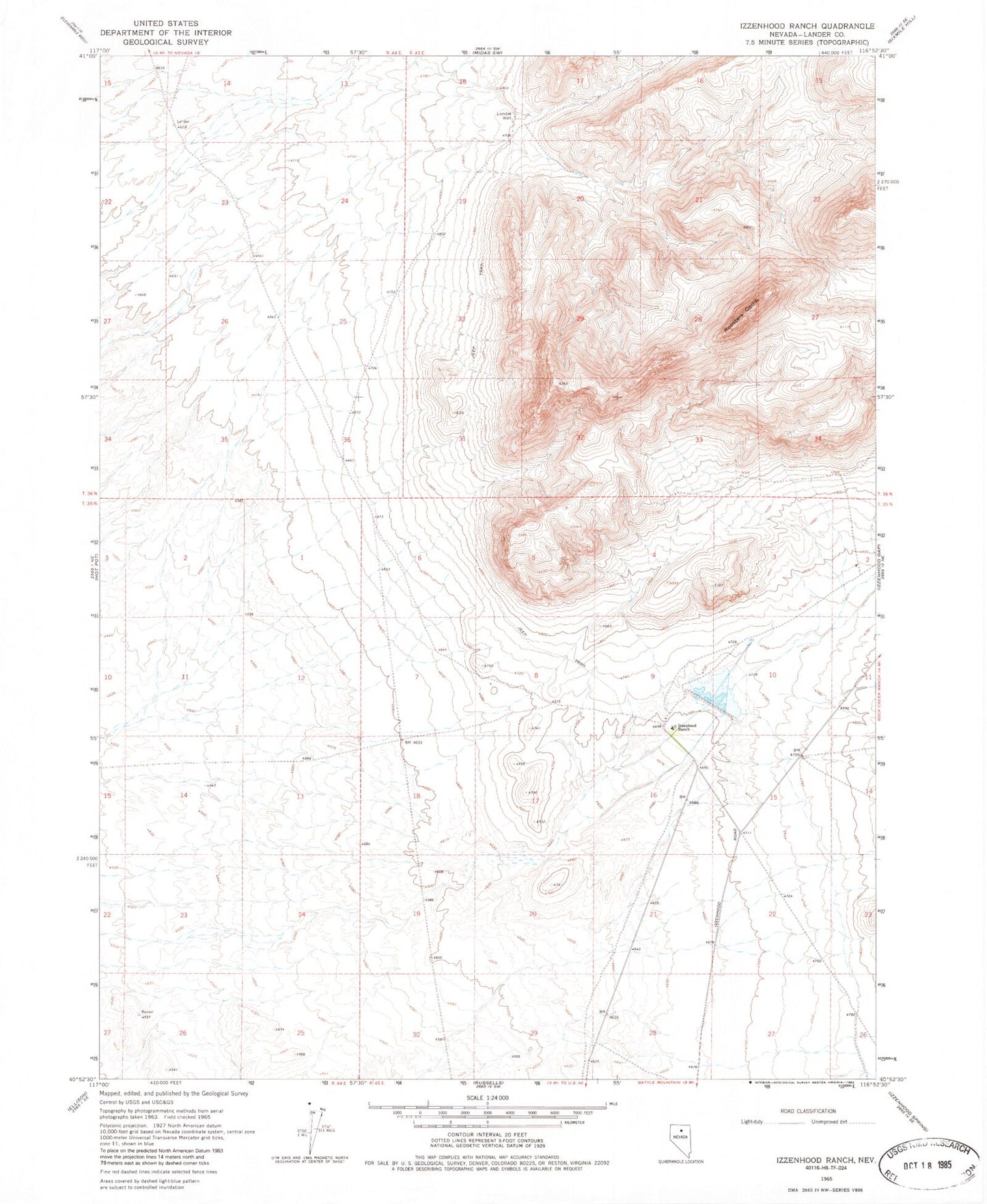 Classic USGS Izzenhood Ranch Nevada 7.5'x7.5' Topo Map Image
