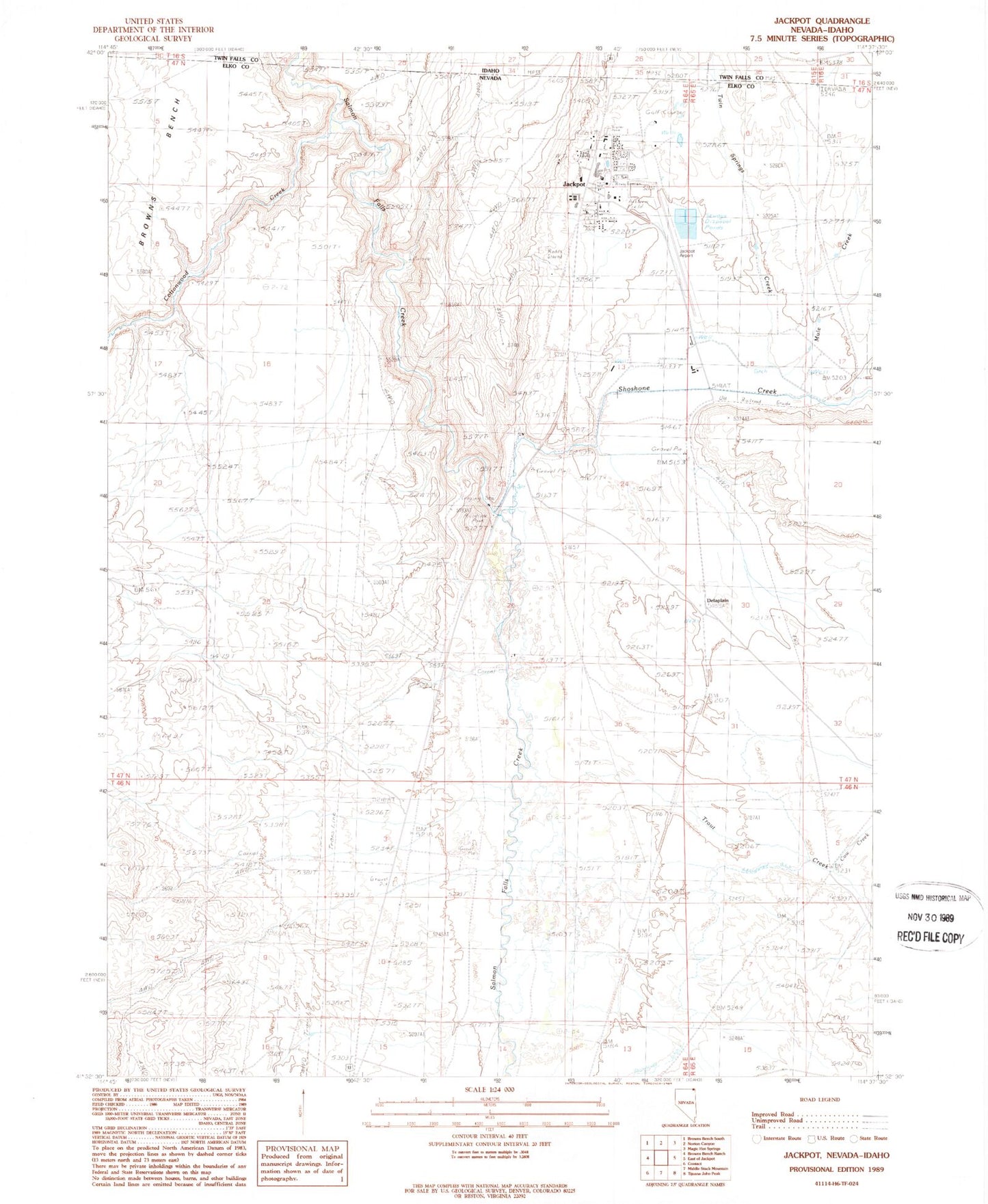 Classic USGS Jackpot Nevada 7.5'x7.5' Topo Map Image