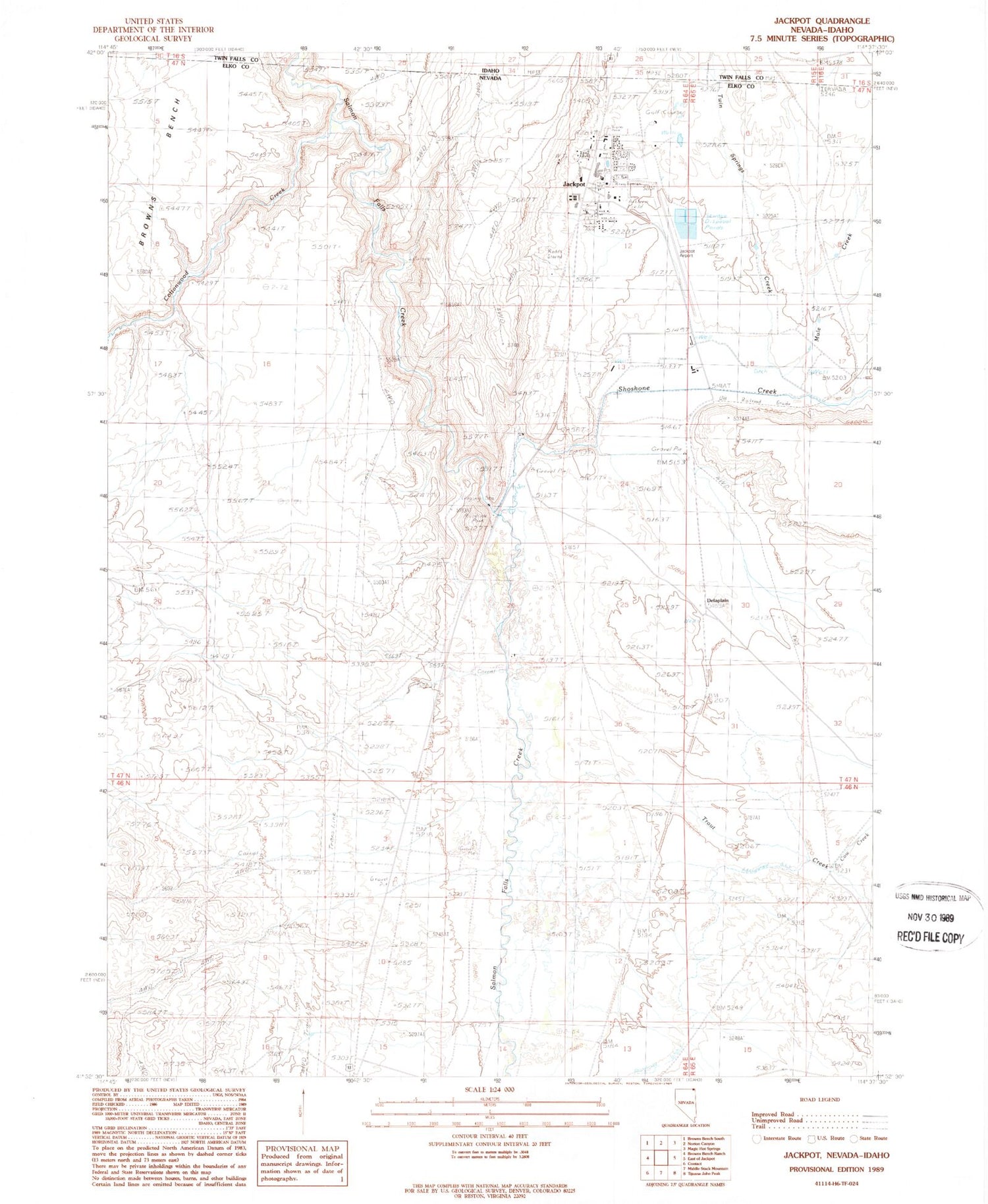 Classic USGS Jackpot Nevada 7.5'x7.5' Topo Map Image
