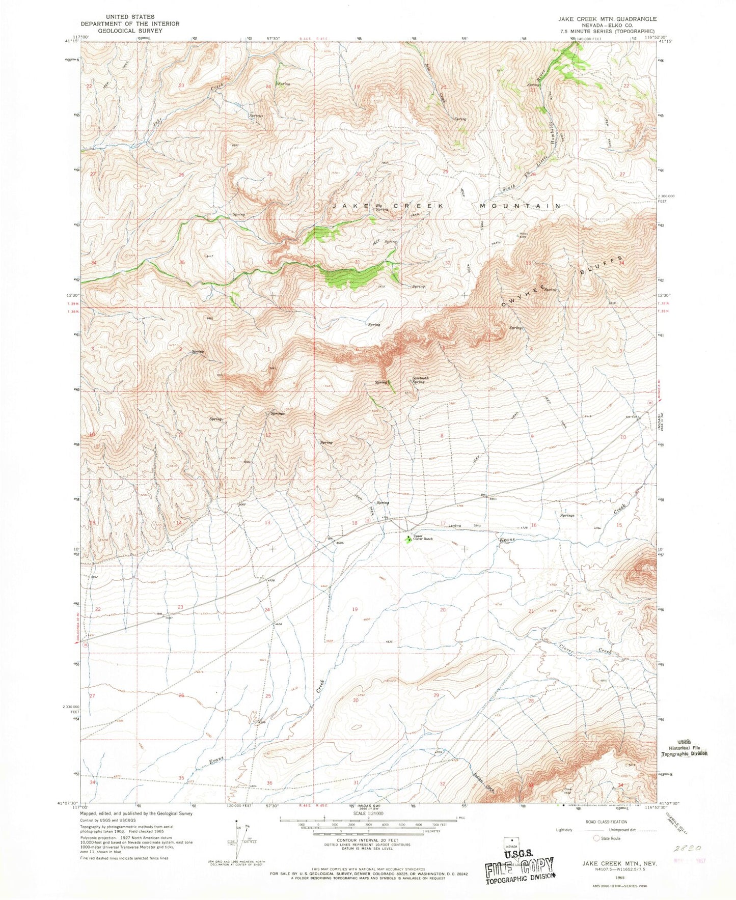 Classic USGS Jake Creek Mountain Nevada 7.5'x7.5' Topo Map Image
