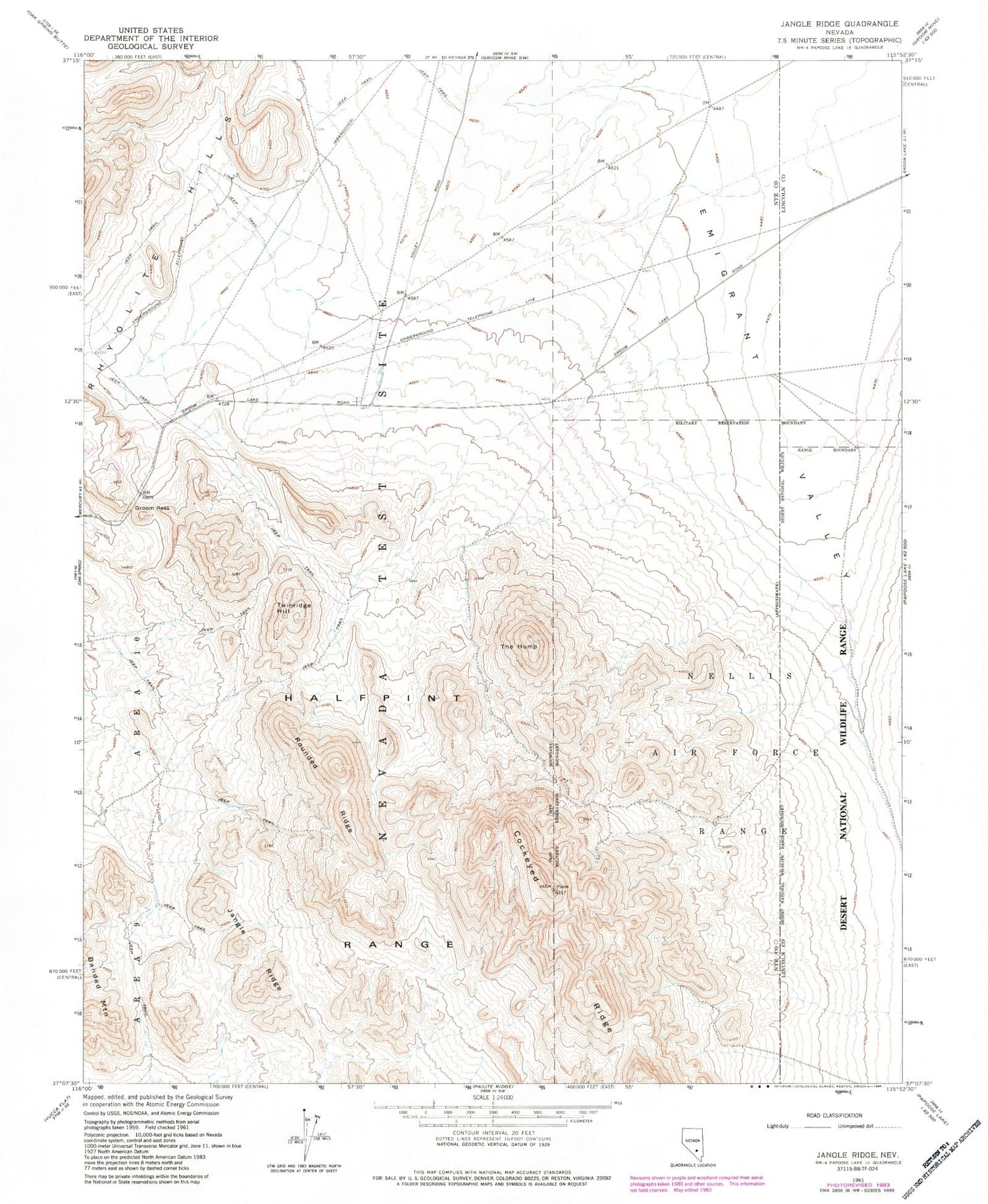 Classic USGS Jangle Ridge Nevada 7.5'x7.5' Topo Map Image