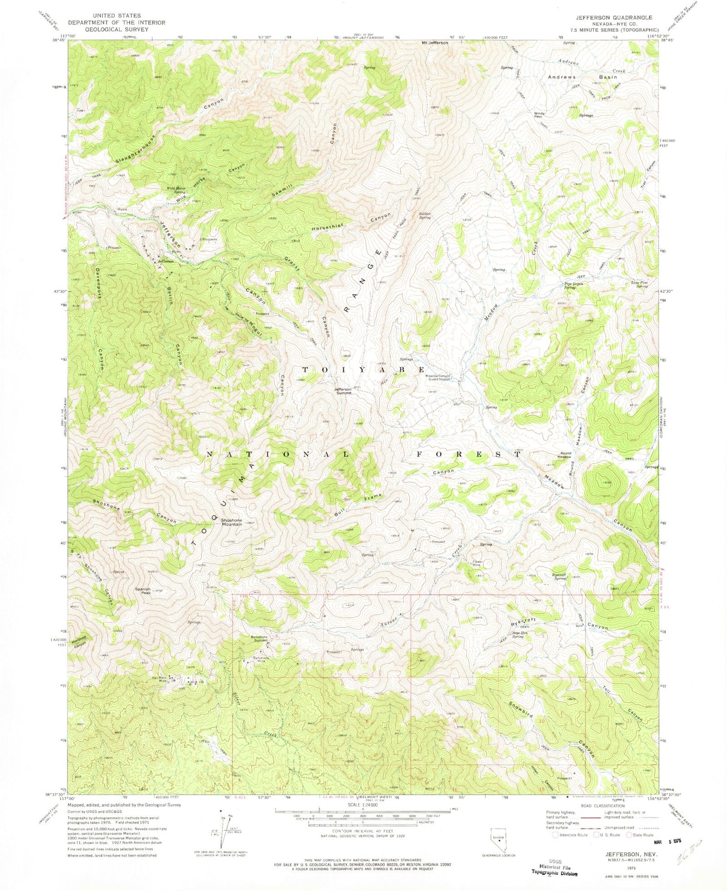 Classic USGS Jefferson Nevada 7.5'x7.5' Topo Map Image