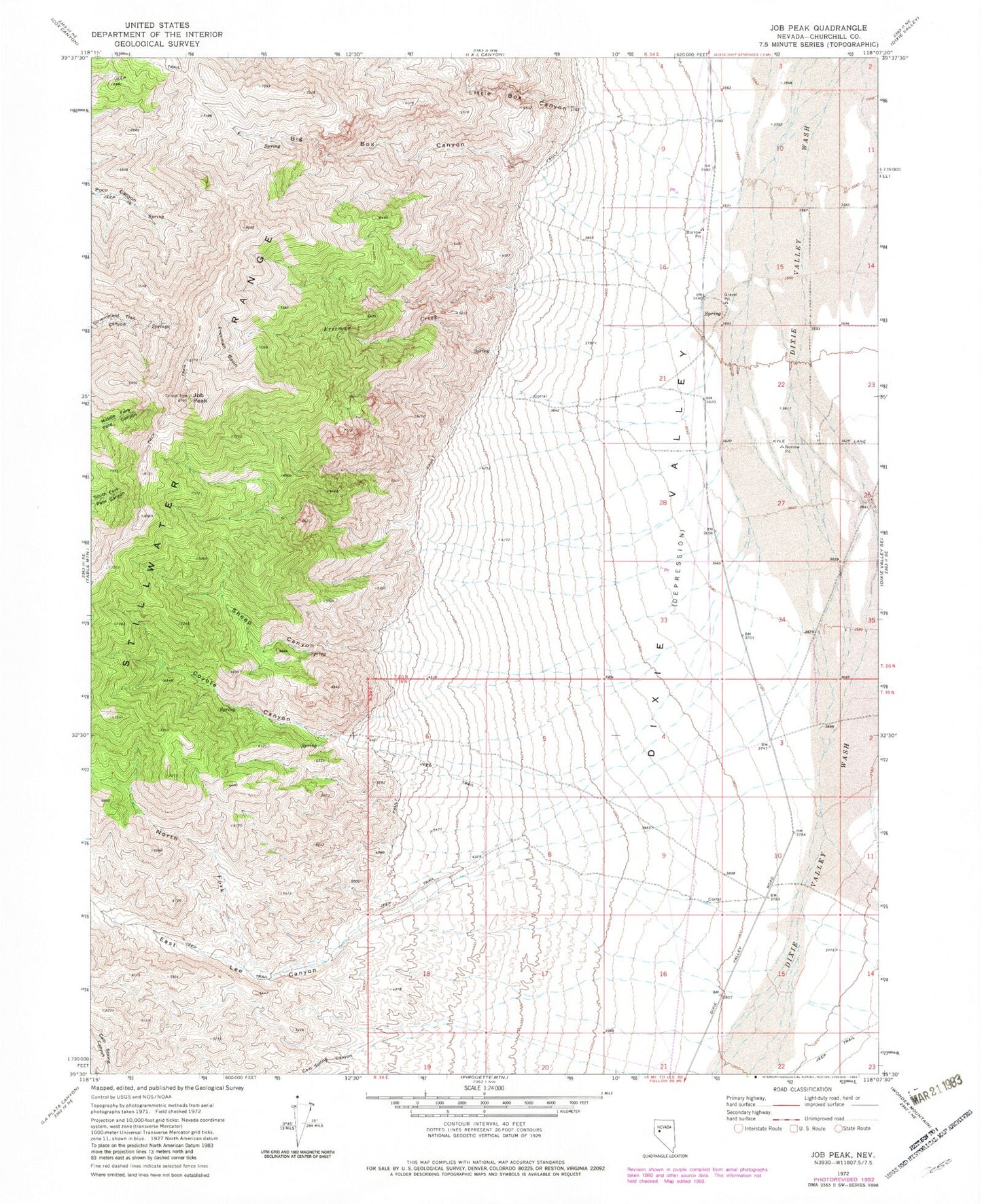 Classic USGS Job Peak Nevada 7.5'x7.5' Topo Map Image