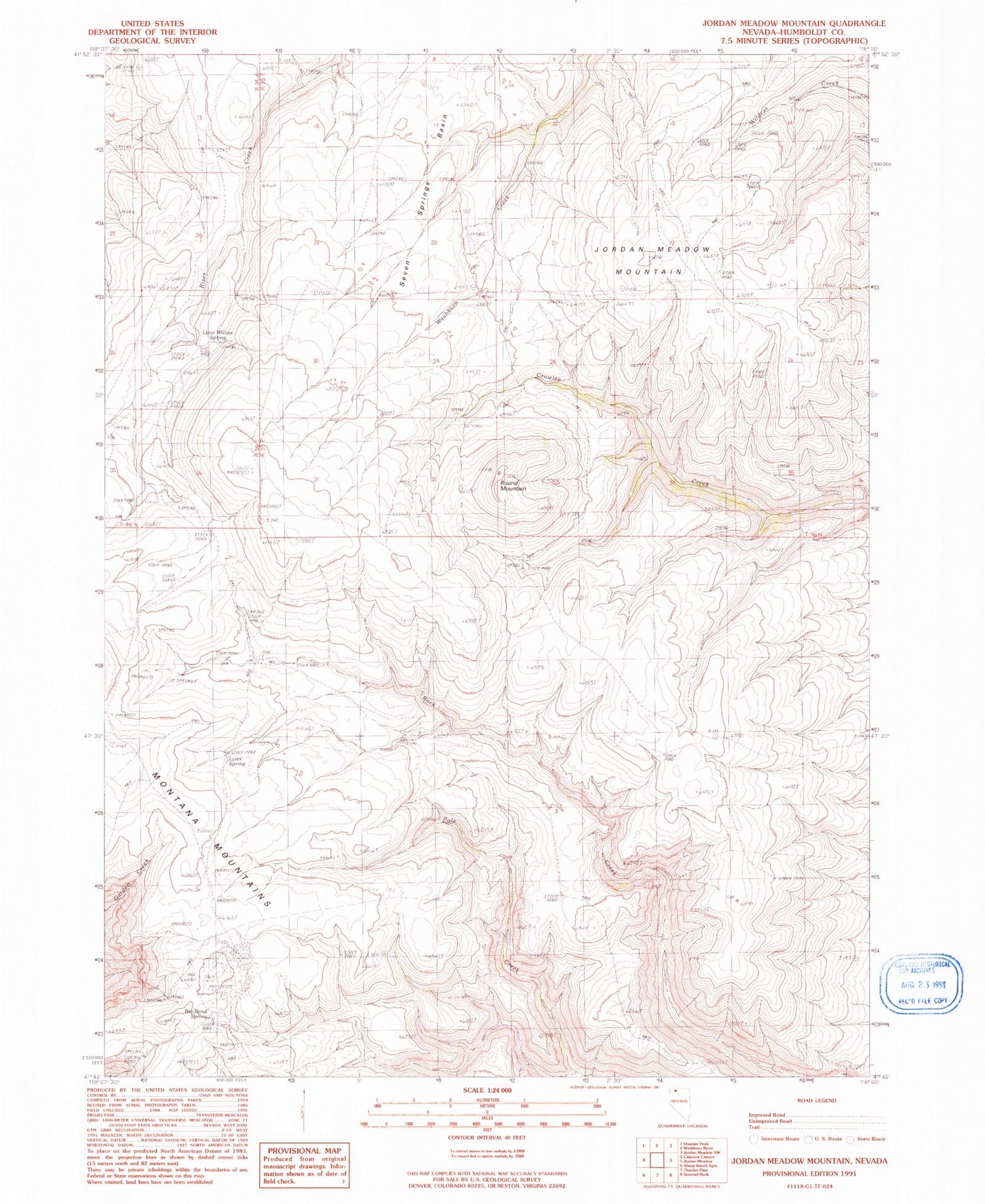 Classic USGS Jordan Meadow Mountain Nevada 7.5'x7.5' Topo Map Image