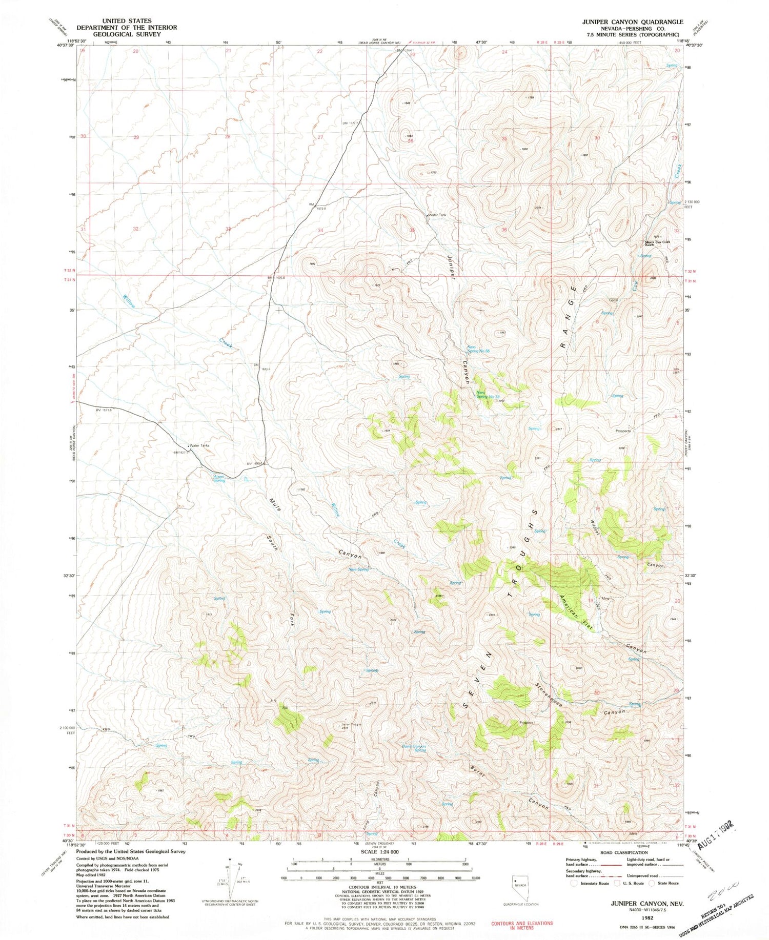 Classic USGS Juniper Canyon Nevada 7.5'x7.5' Topo Map Image