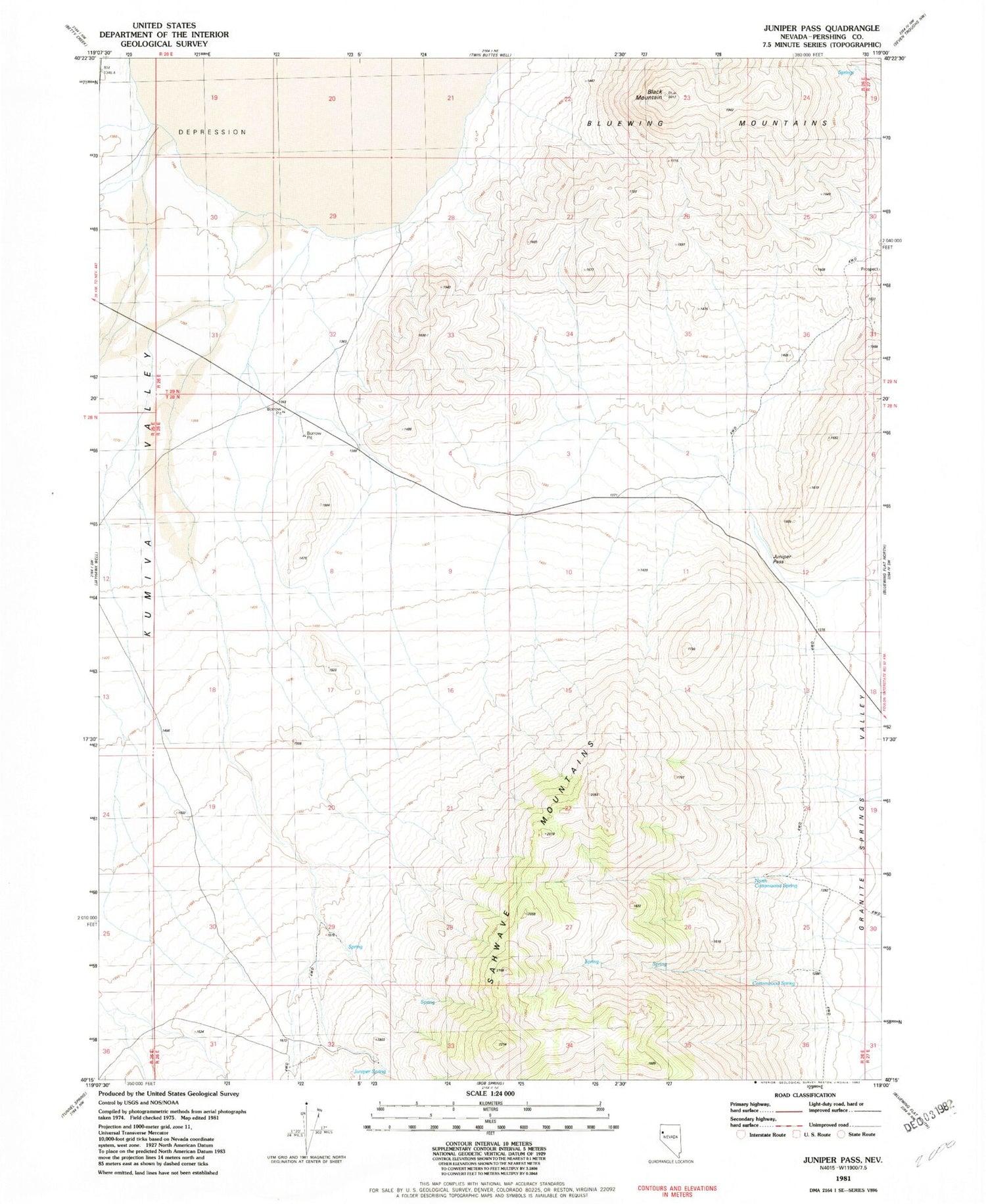 Classic USGS Juniper Pass Nevada 7.5'x7.5' Topo Map Image