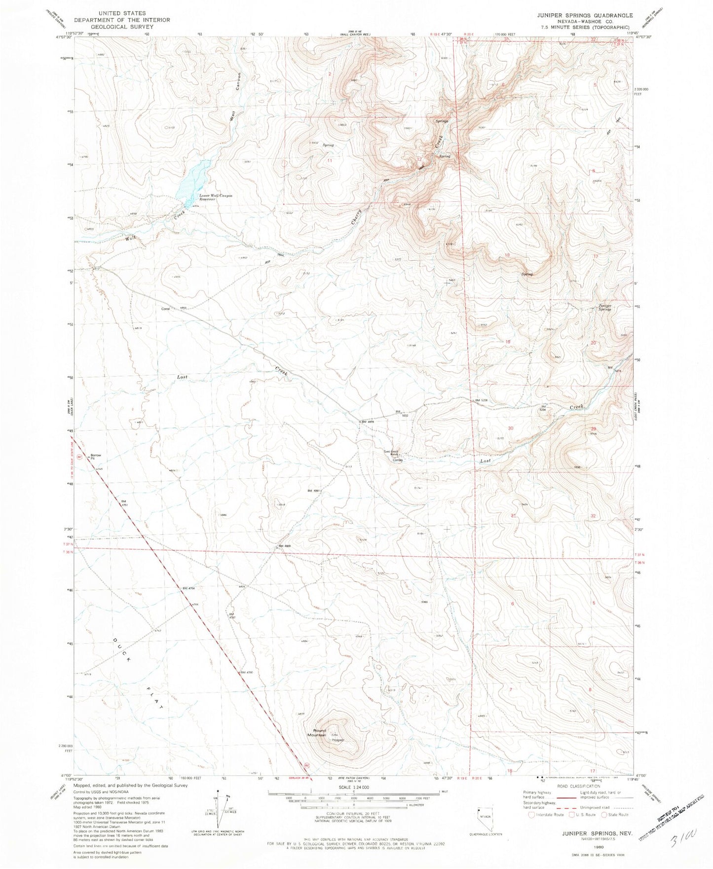 Classic USGS Juniper Springs Nevada 7.5'x7.5' Topo Map Image